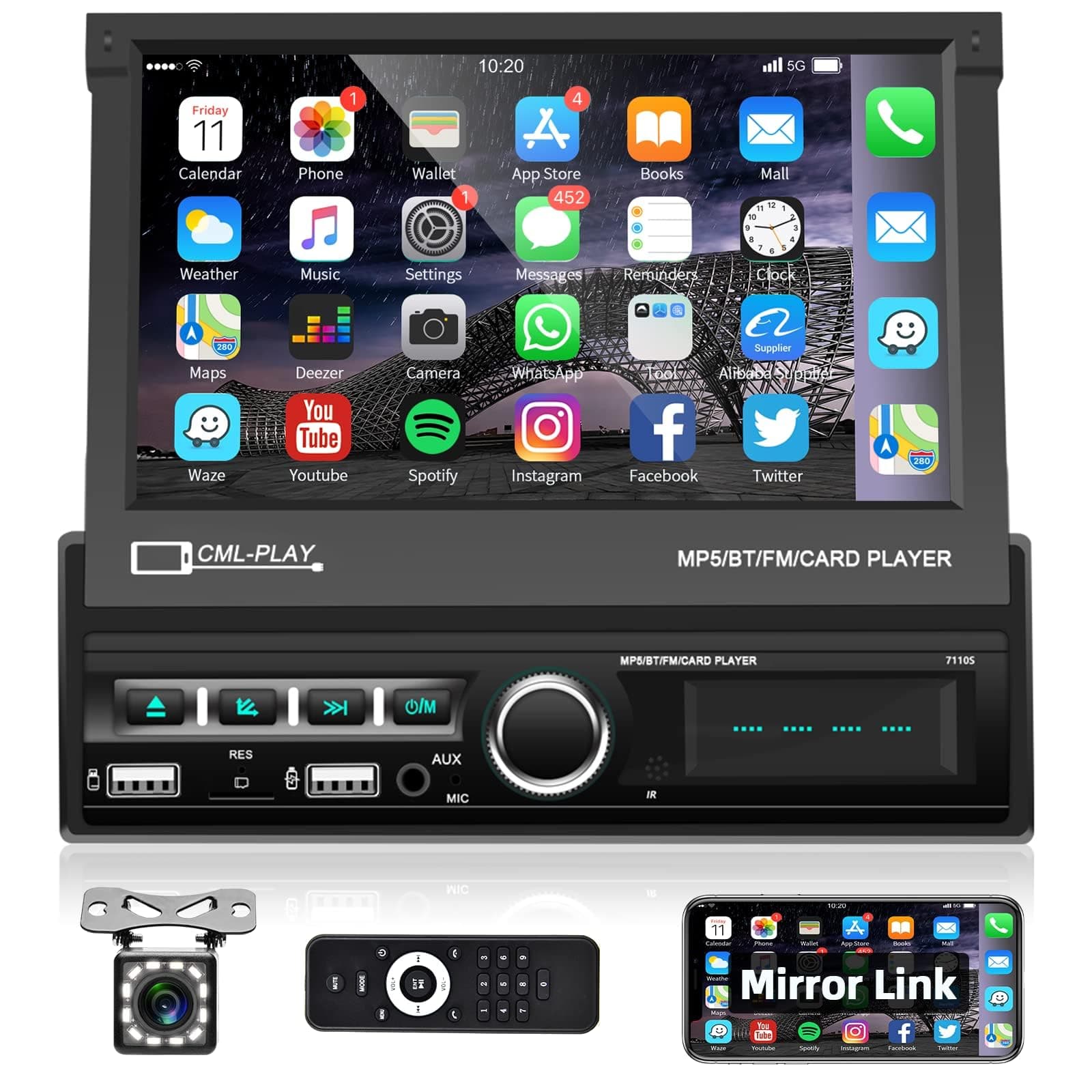 Podofo Single Din Touchscreen Car Stereo 7 Inch Motorized Flip Out Screen Car Radio in Dash Head Unit Support Bluetooth FM AUX USB SD Mirror Link with Backup Camera