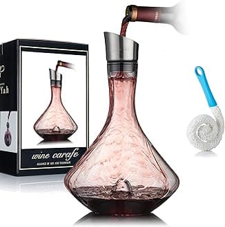 YouYah Wine Decanter Set,Red Wine Carafe with Built-in-Aerator,Wine Aerator,Wine Gift,Stainless Steel Pourer Lid,Filter,100% Hand Blown Lead-Free Crystal Glass
