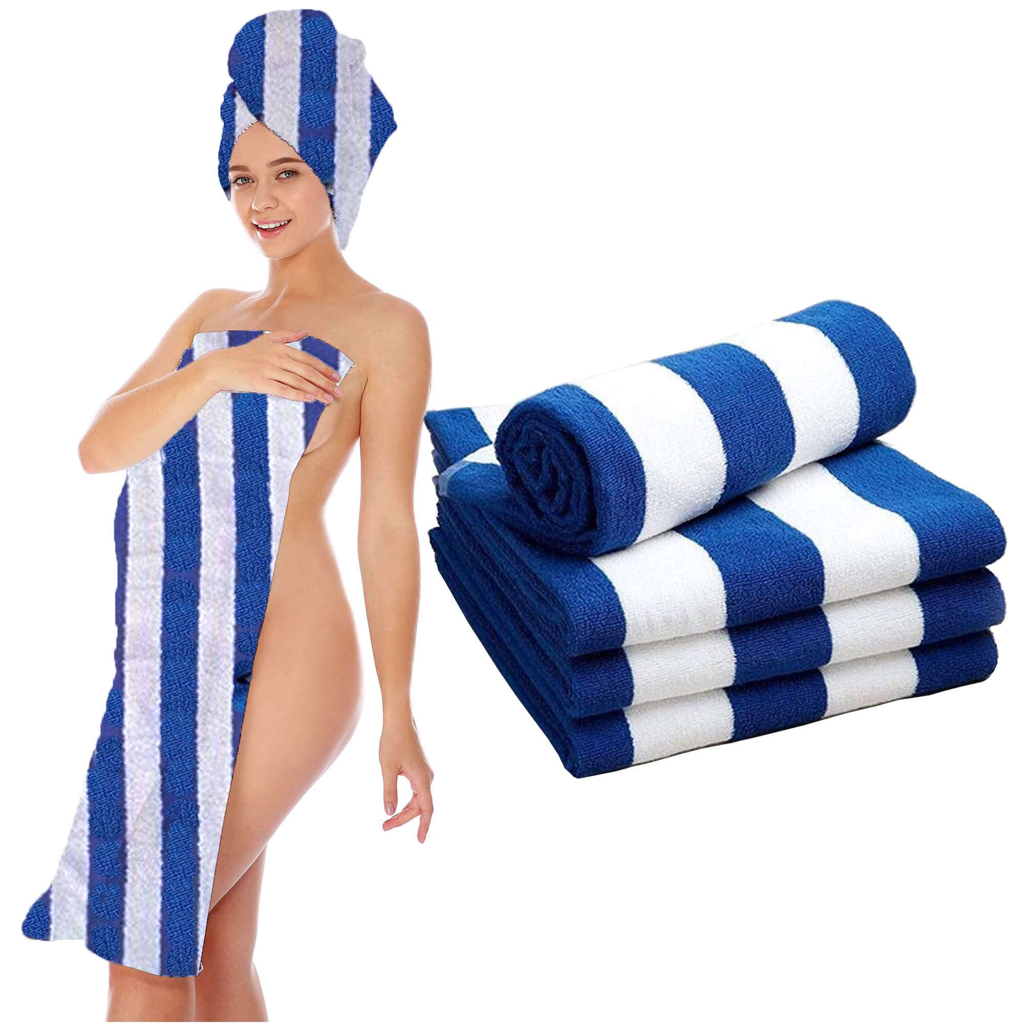 PORTER AND LAMBERT Microfiber Beach Towels Cabana Blue and White Stripe Towel for Pool, Spa, Gym and Bath Quick Dry (Pack of 2)
