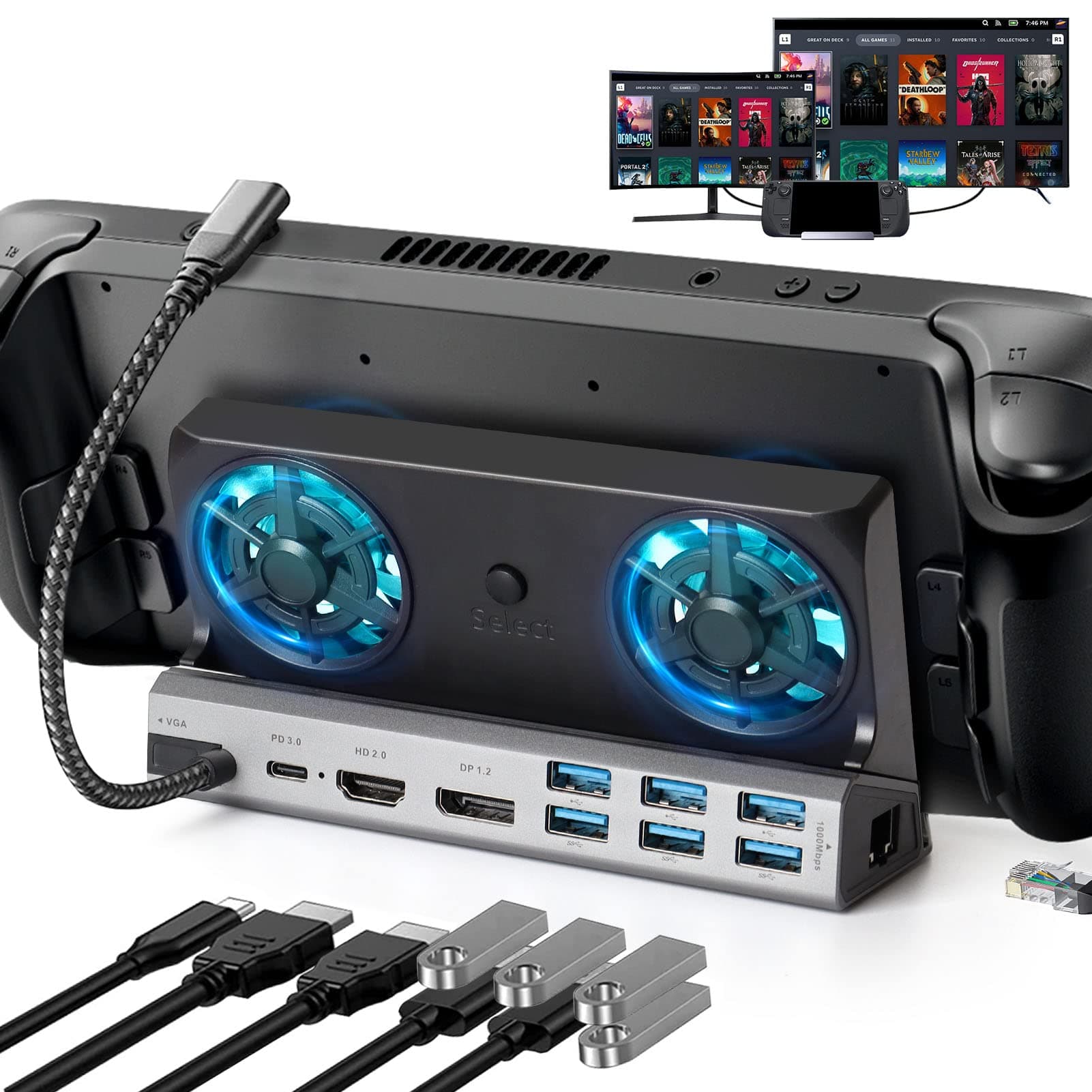 Steam Deck Dock with Dual Cooling Fans, 11-in-1 Steam Deck Docking Station with DP1.2 and HDMI 2.0 4K@60Hz, VGA, 6 USB Ports, Gigabit Ethernet, USB-C PD3.0 Charging Port, Made for Valve Steam Deck