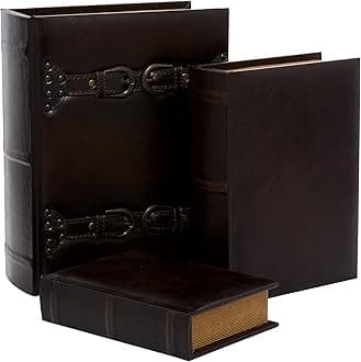 Deco 79 Wooden Decorative Box Faux Storage Book Book Shaped Boxes with Faux Leather Detailing, Set of 3 Decorative Keepsake Boxes 14", 11", 9"H, Brown
