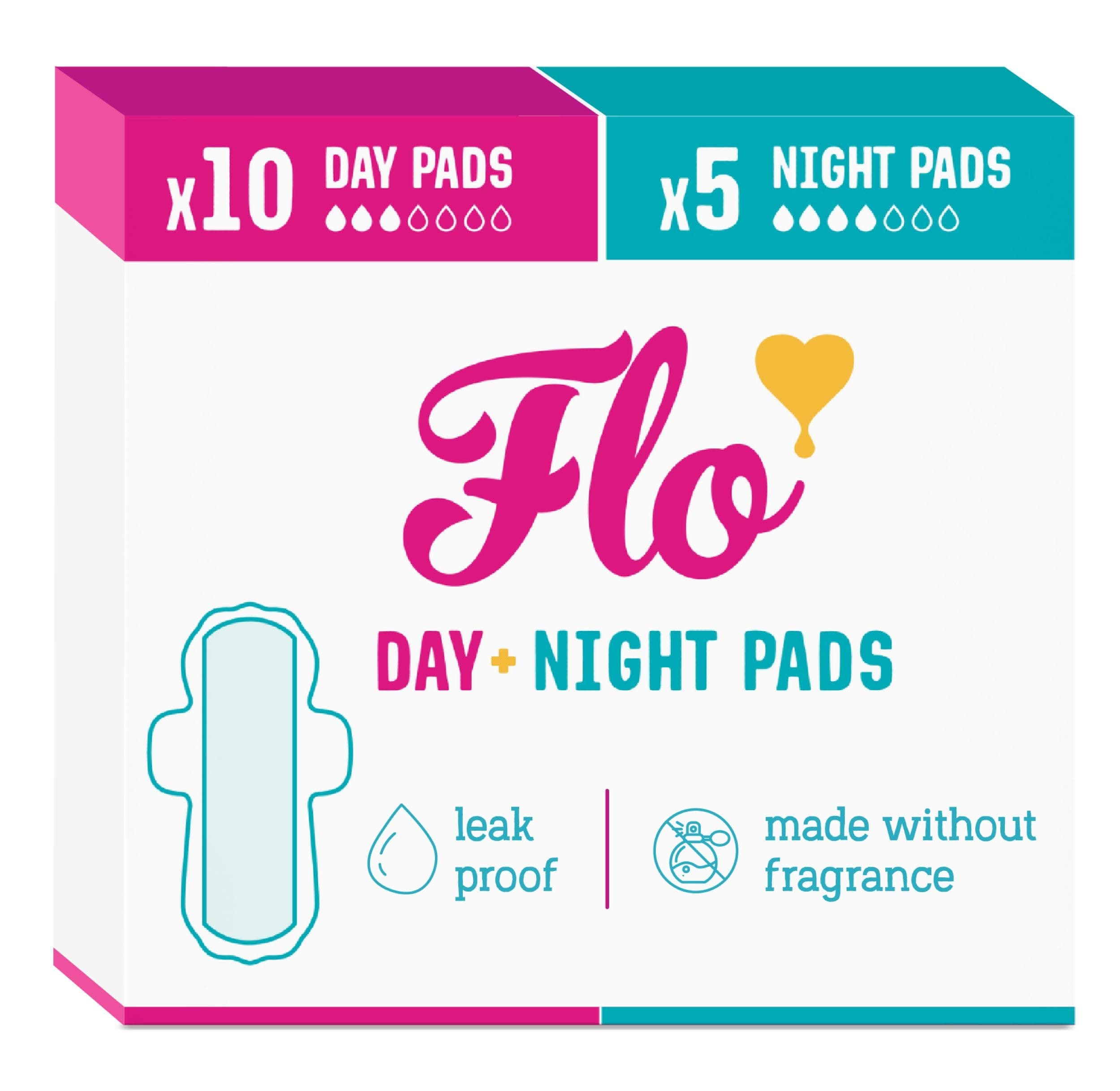 Flo - Day + Night Menstrual Pads (10 Day + 5 Night) - Organic Bamboo Period Pads for Women - Winged + Ultra Thin - Absorbent, Soft & Breathable - Plant Based - Vegan & Cruelty Free