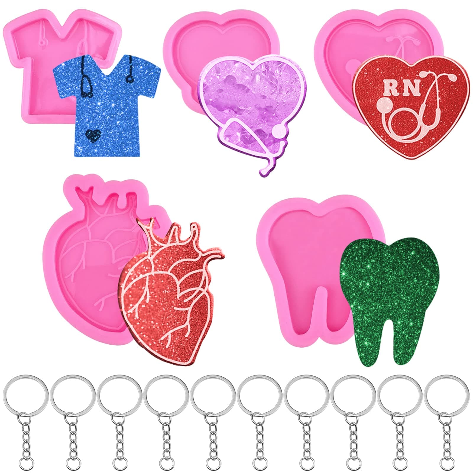 5 Pcs Doctor Theme Keychain Silicone Molds for Epoxy Resin Badge Reel Molds Resin Keychain Molds with 10 Pcs Key Rings for Pendant DIY Crafts Jewelry Making