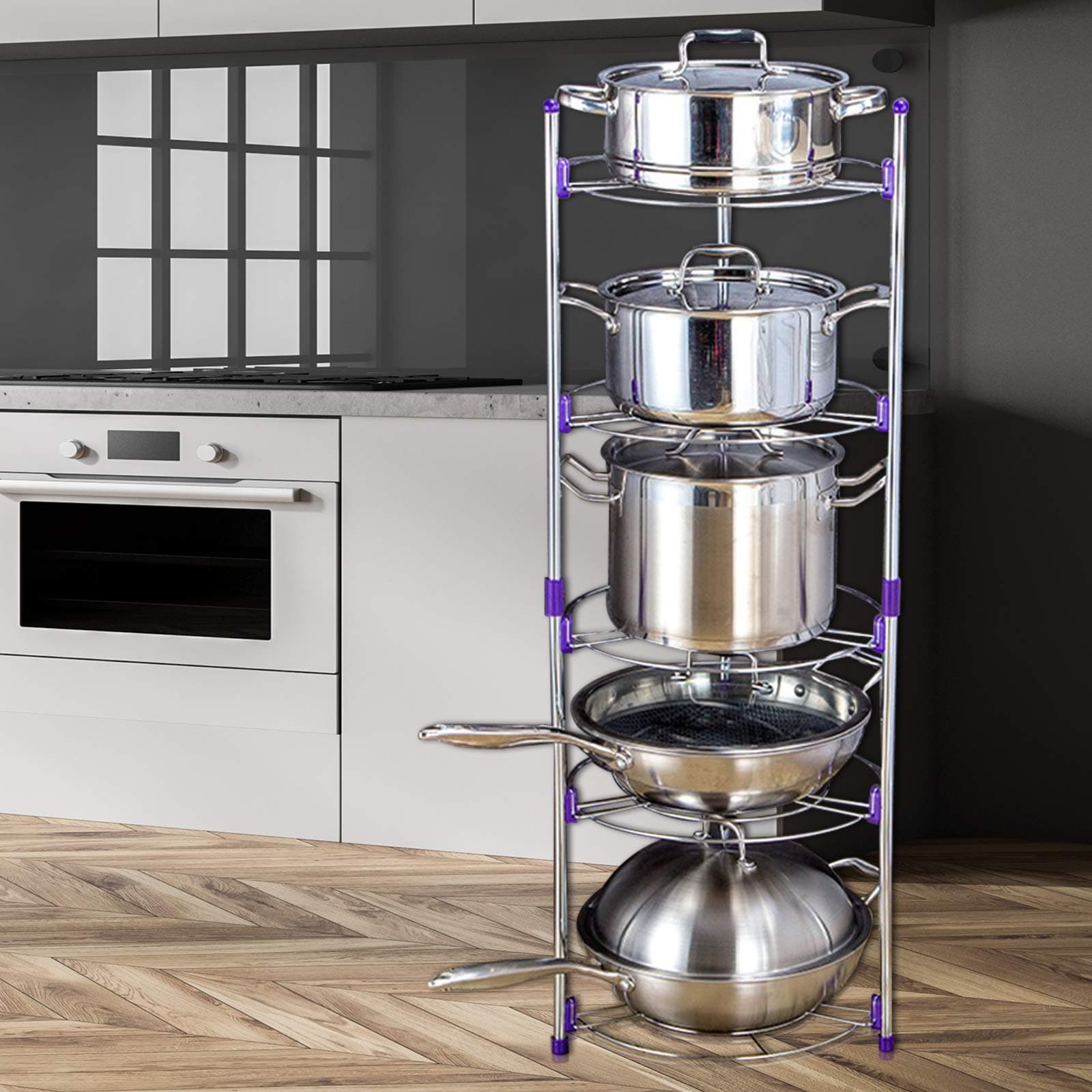 Pan Rack Stainless Steel 5 Tier Pan and Pot Kitchen Organiser Rack Adjustable Multi-Layer Rack Saucepan Stand Pan Lid Organizer Standing Storage
