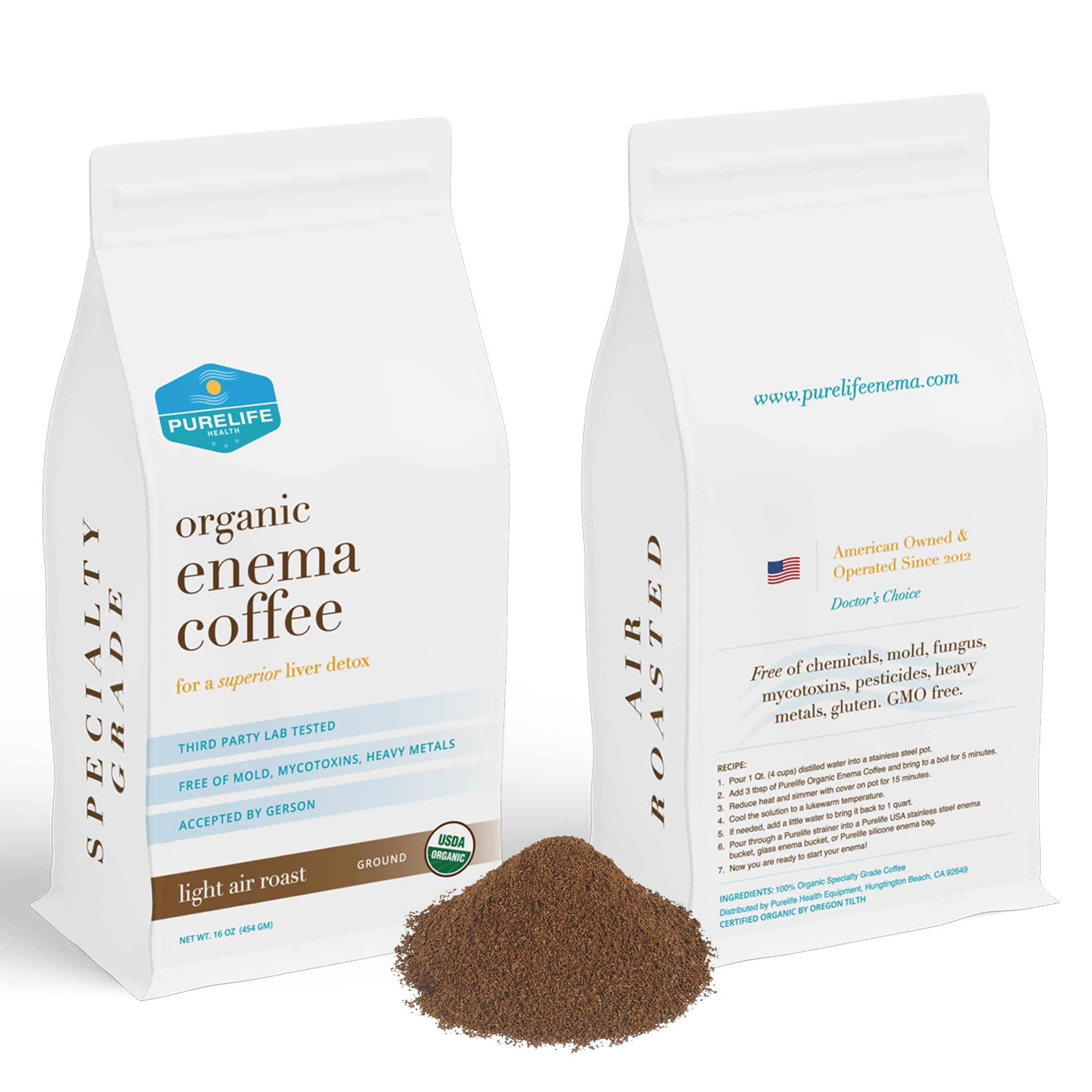 Purelife Enema Coffee - Organic - Light "Air" Roast - Ground - Lab Tested -Mold & Mycotoxin Free -1 Lb - Gerson Accepted