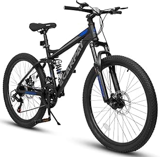 Ecarpat 24 Inch Mountain Bike Full Suspension, 21 Speed Mountain Bicycle with Steel Frame and Dual Disc Brakes, Outdoor Trail Commuter City Bike MTB Bike for Kids Teenagers