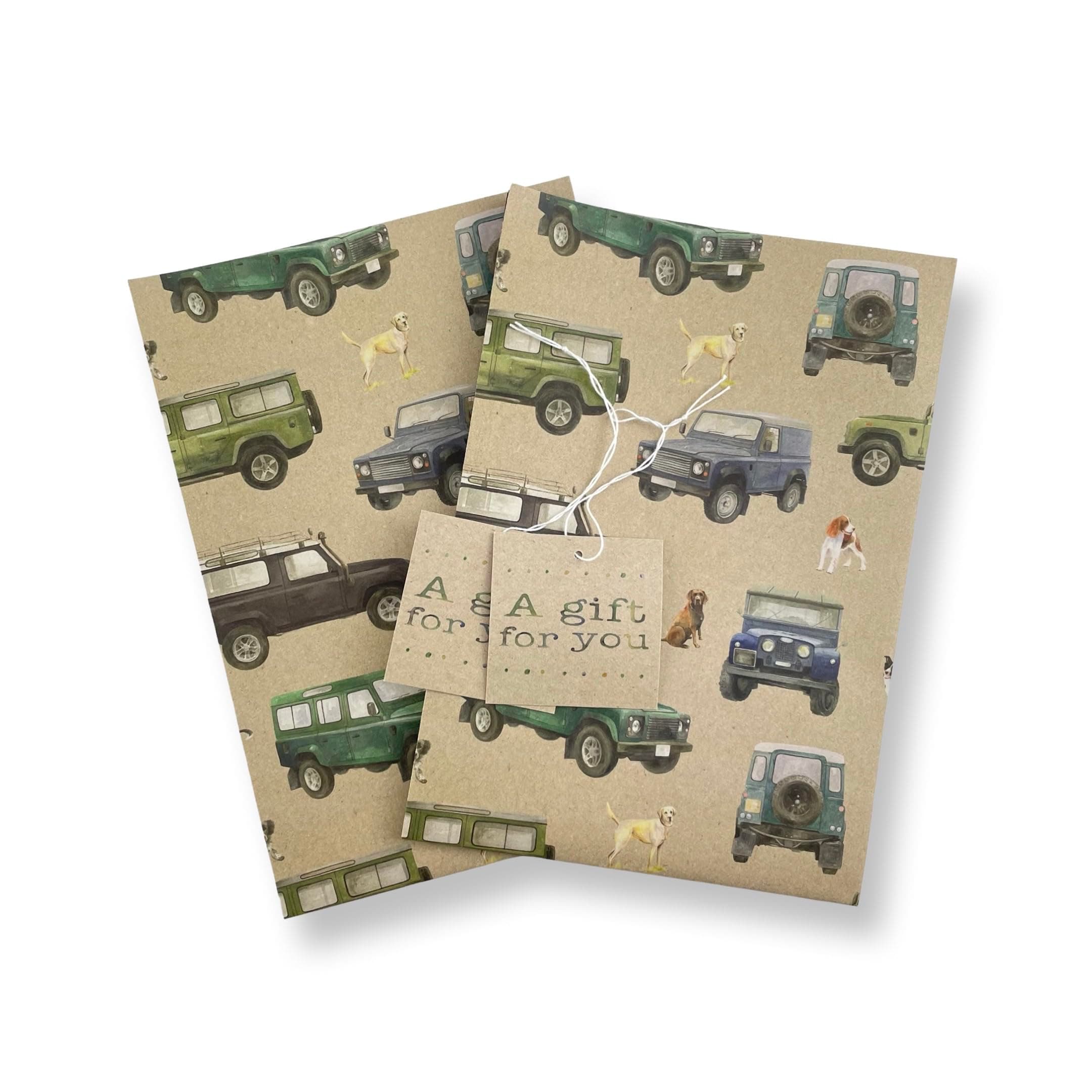 4 x 4 Off Roader Recycled and Recyclable Gift wrap with Spaniel, Labrador and Collie Dogs - 2 Sheets and 2 Strung Tags - Birthday - Christmas - Father's Day