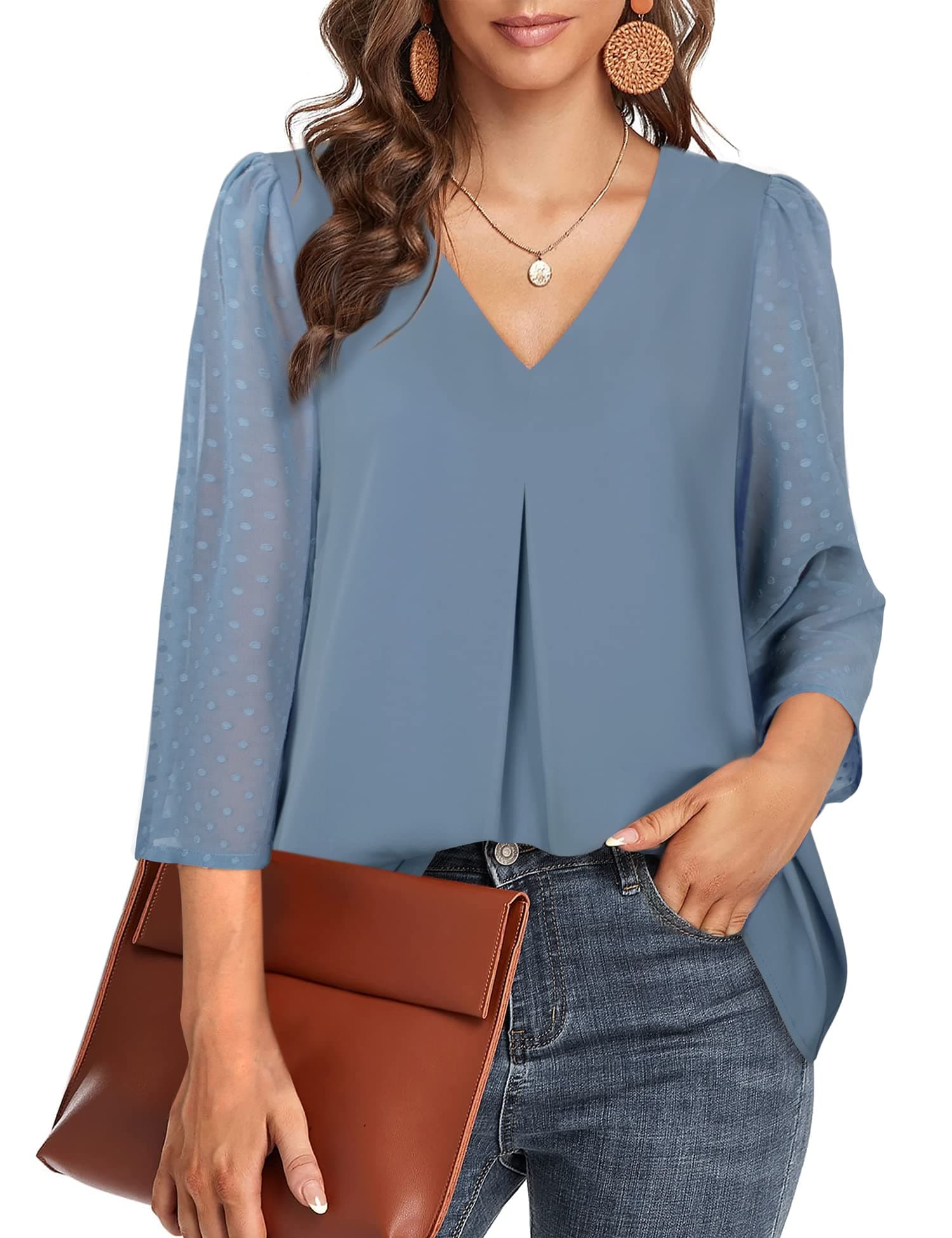 Messic Women's 3/4 Sleeve Work Blouses Casual V Neck Chiffon Shirts Top