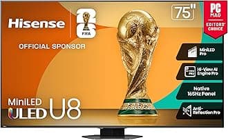 - Hisense 75" Class U8 Mini-LED ULED 4K UHD Google Smart TV (75U8QG, 2025 Model) - QLED, Native 165Hz, VRR 288, Up to LD5600, 5000 Nits, HDR10+, Dolby Vision IQ · Atmos, IMAX Enhanced, 4.1.2 Ch Audio