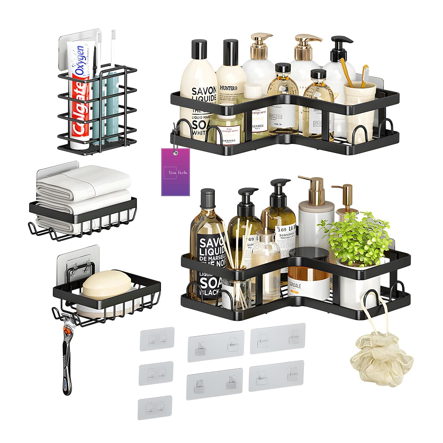 5-Piece Shower Caddy Set Adhesive Shower Rack and Bathroom Organizer Soap Holder, Toothbrush Holder with Heavy-Duty Wall Shelves for Bathroom, Washroom, & Toilet Storage L-Shaped Corner Shelf