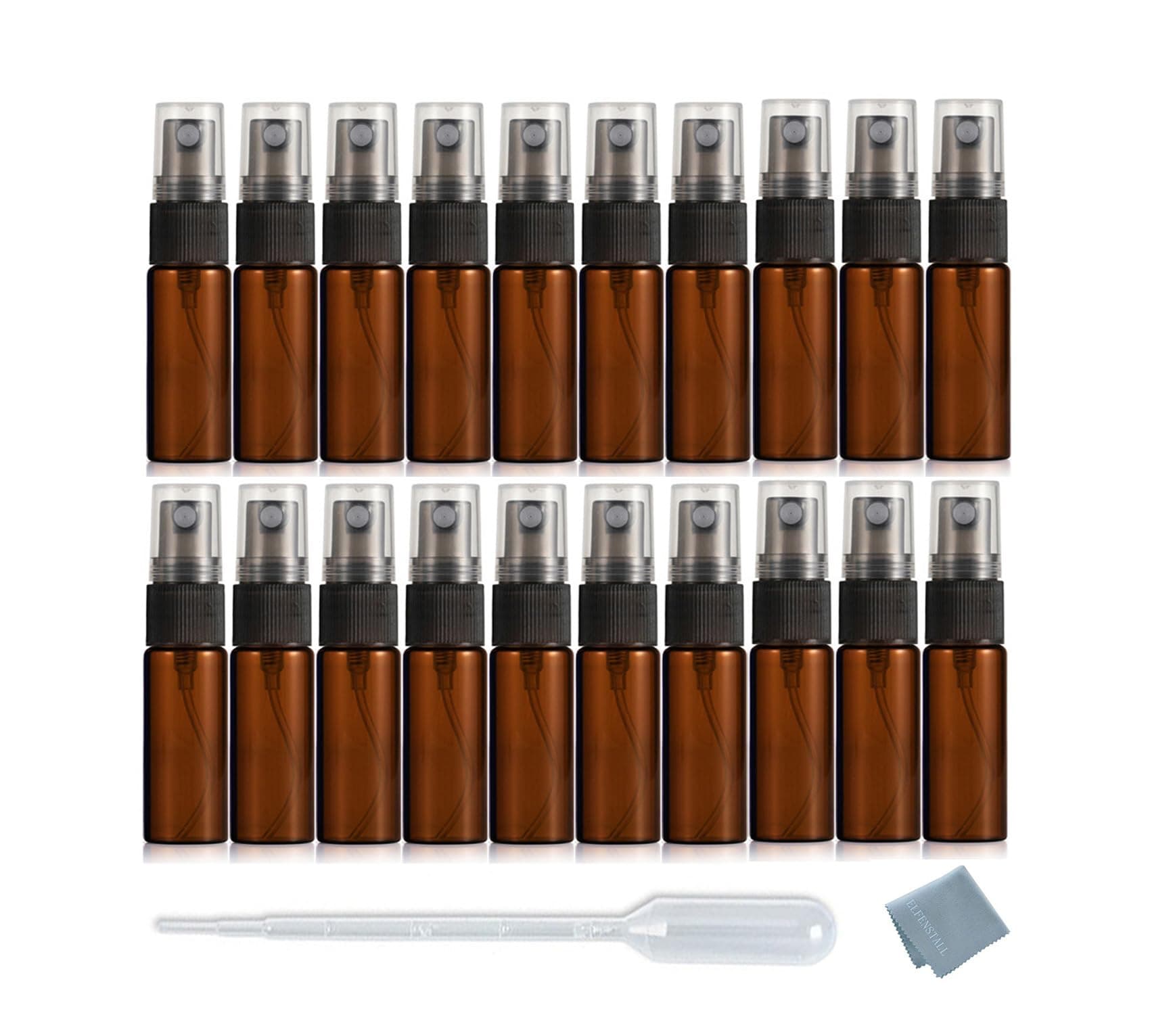 Elfenstall- 20pcs Amber 5ml 1/6oz Atomizer Vial Glass Bottle Spray Refillable Perfume Empty Fine Mist Sample Bottle Clean Cloth Free 3ML Pipette for Travel Party