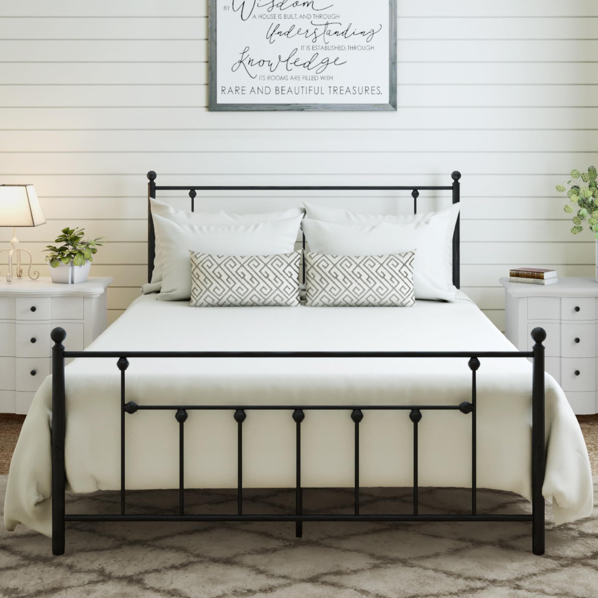 Golden Gate Beds Victorian Style Metal Platform Bed Frame with Antique Wrought Iron-Art Headboard and Footboard, Classic Cama Steel Mattress Foundation, No Box Spring Needed, Queen Size, Black Finish