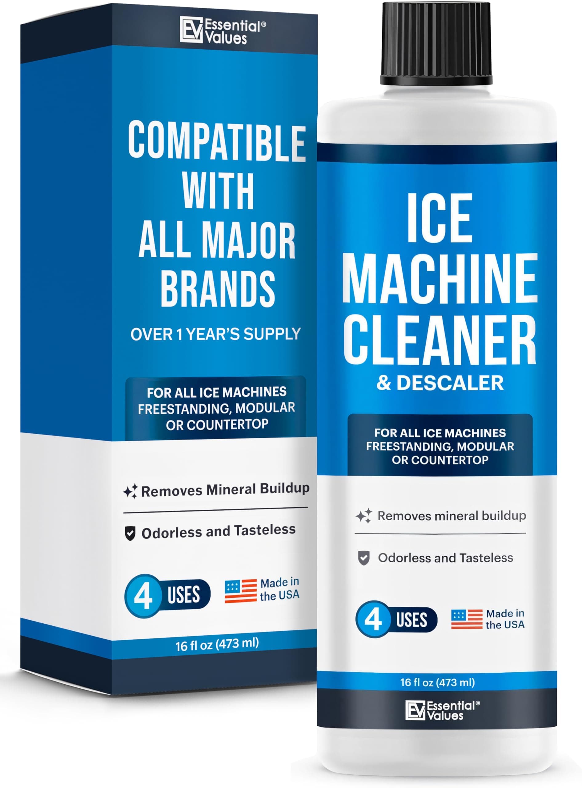 Essential Values Ice Machine Cleaner and Sanitiser - Nickel Safe Descaling Liquid - Compatible with All Major Brands - 3.75L (1 gal) - 32 Uses