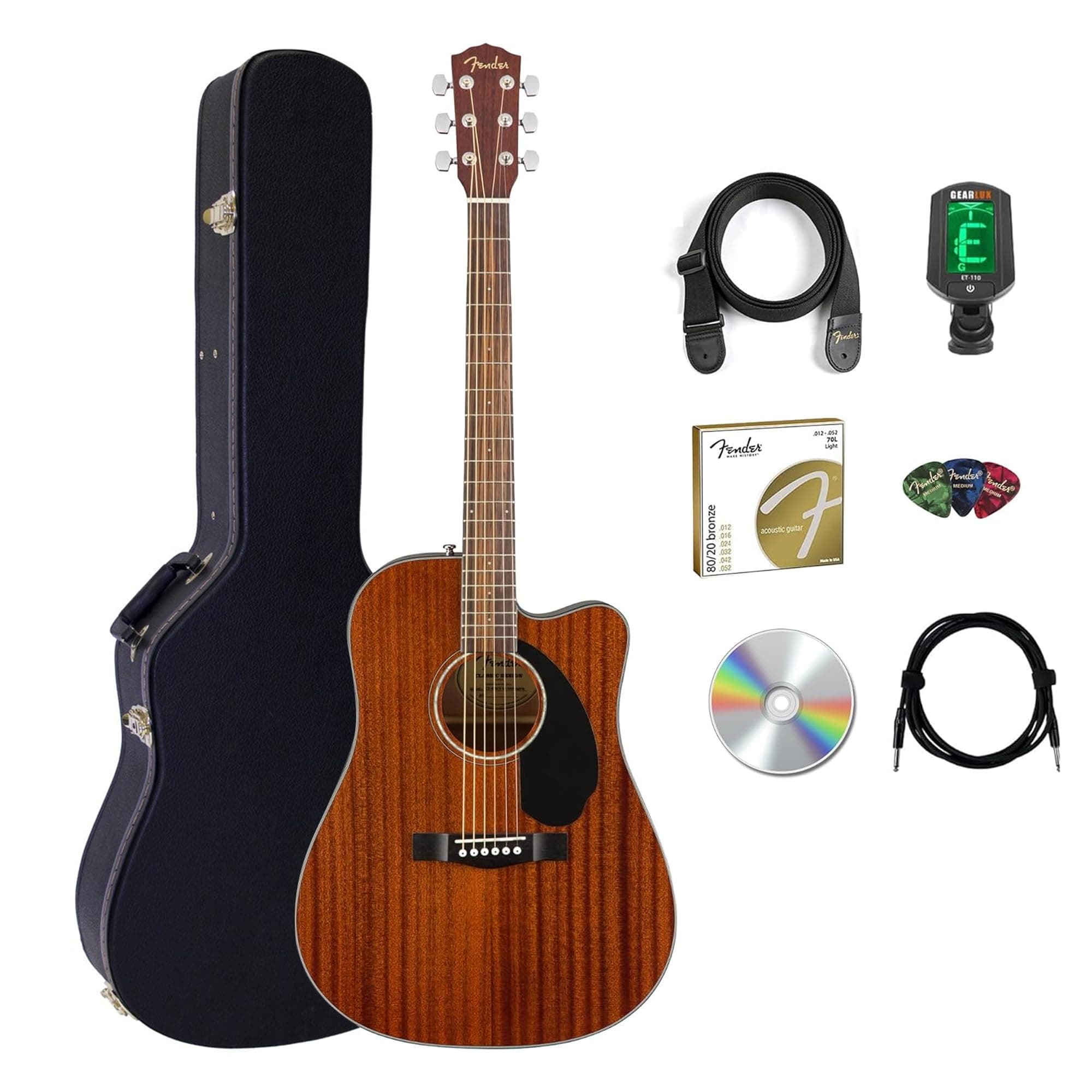 CD-60SCE Solid Top Dreadnought Acoustic-Electric Guitar - All Mahogany Bundle with Hard Case, Instrument Cable, Tuner, Strap, Strings, Picks, and Austin Bazaar Instructional DVD