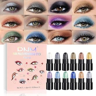 evpct 12Pcs Capsule Cream Eye Shadow Brightener Sticks Set for Eyes, Pearl White Smokey Black Gray Khaki Royal Blue Violet Purple Silver Shimmer Matte Pencil Eye shadow Applicator Stick Palette Makeup