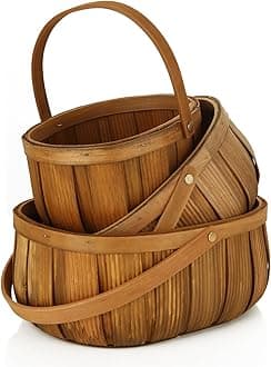 LOEQIAN 3 Pack Wicker Bread Baskets with Handle, Oval Hand Woven Picnic Basket Set for Storage, 3 Size Handle Wooden Fruit Basket for Storage Vegetable Gift Packing Woven Bin Kitchen Cabinet Organizer