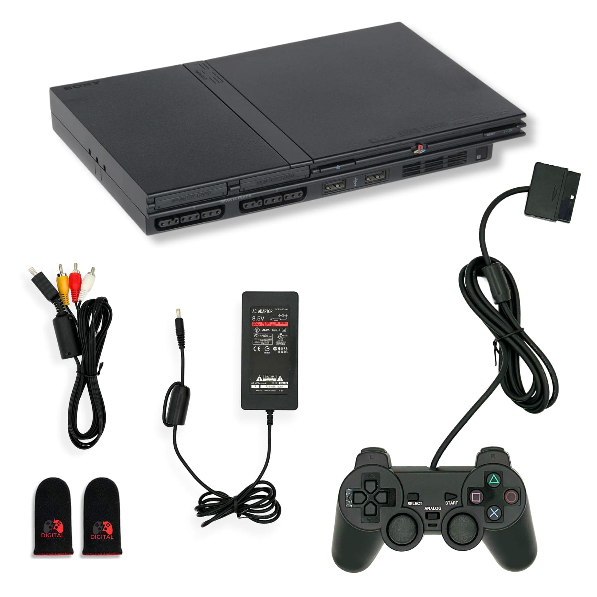 Digital Dynasty Sony PS2 PlayStation 2 Slim Console Black Premium Bundle with 1-Year Warranty – Includes Controller, AV Cable, Power Cord, and 2 Gaming Sleeves (Renewed)