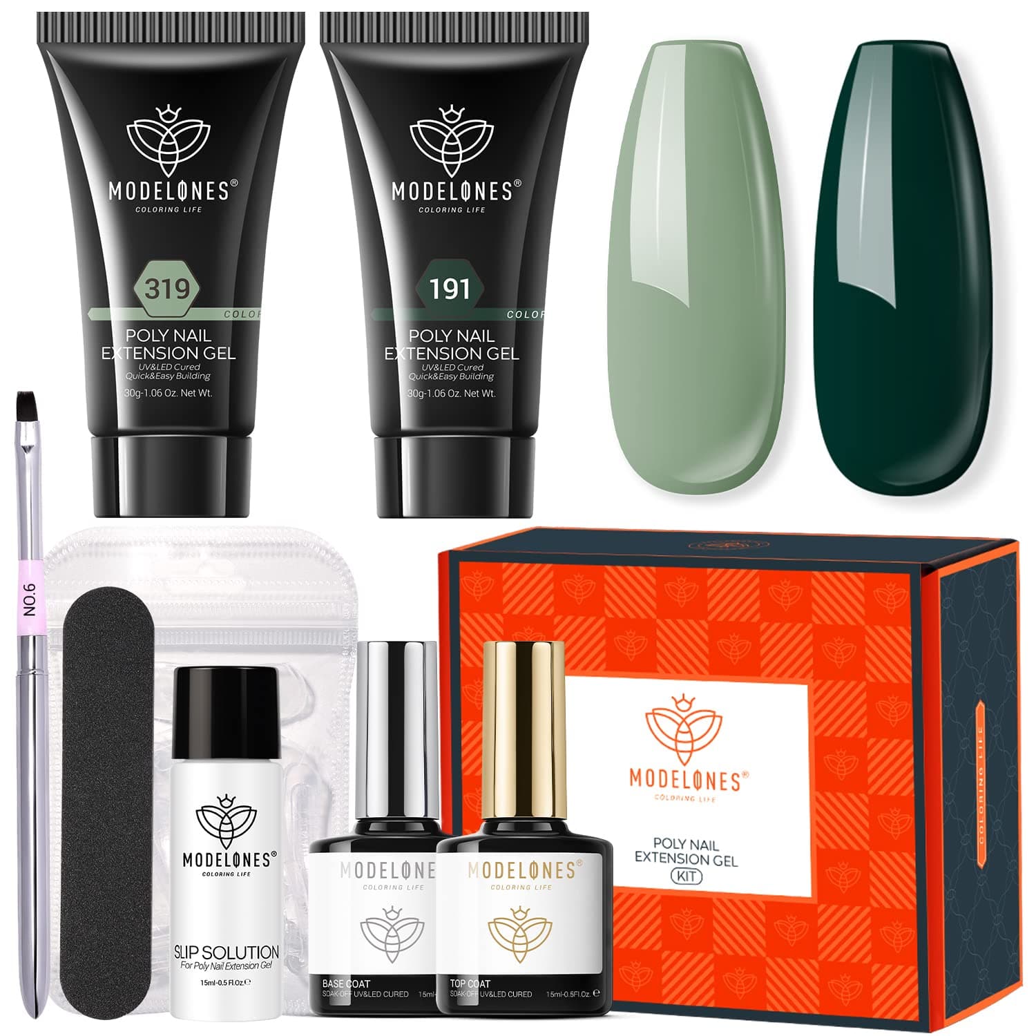Modelones Poly Nail Gel Kit 30ml 2PCS Eucalyptus Green Dark Green Extension Builder Enhancement Professional Starter Kit Nail Technician French Kit