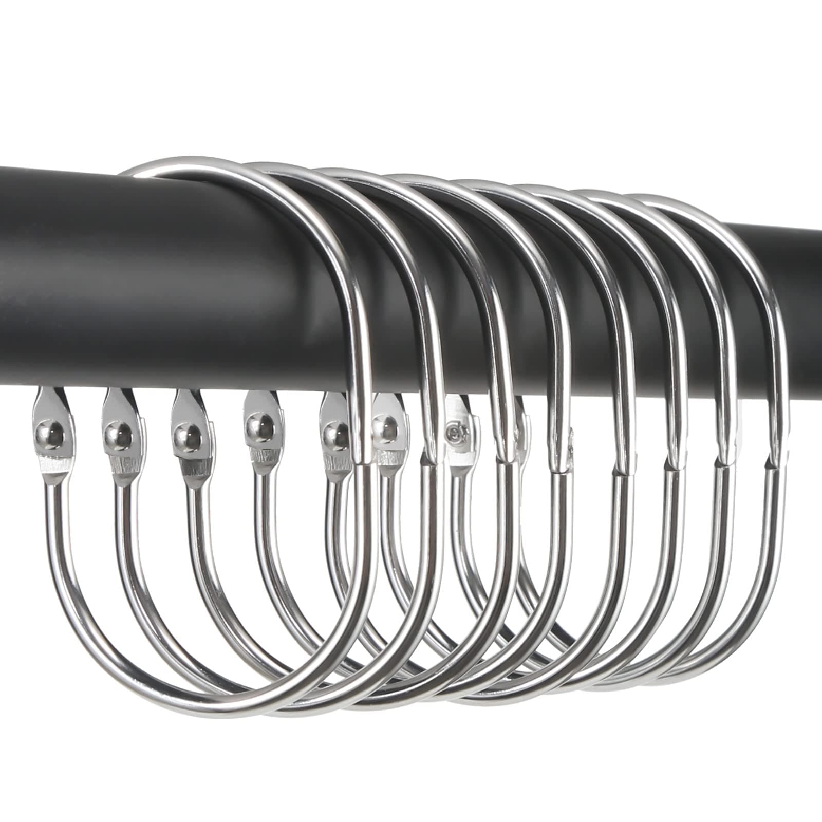 Goowin Shower Curtain Hooks, 12 Pcs Shower Curtain Rings Rust Proof Metal Oval Rings Clasp Closed Shower Curtain Rings for Bathroom Shower Rods Curtains（Chrome)