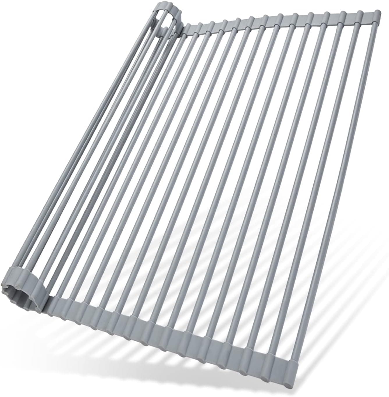Large Dish Drying Rack, 17.6"L x 15.4"W, Silicone Coated Stainless Steel, Dish Rack Over Sink, Collapsible, Dish Drainer Mat, Dish Drainer Tray, Grey