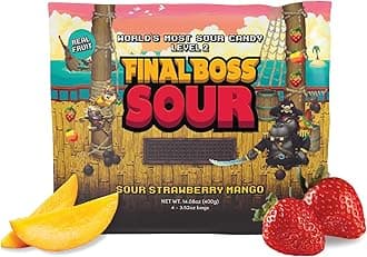 Final Boss Sour Candy, Extremely Super Sour Gummy Candy, Strawberry and Mango, LvL 2 (3.52 Ounce Bag, 1 Bag) - Gummies Made with Dried Fruit, Free of Artificial Colors, Healthy Snack for Kids & Adults