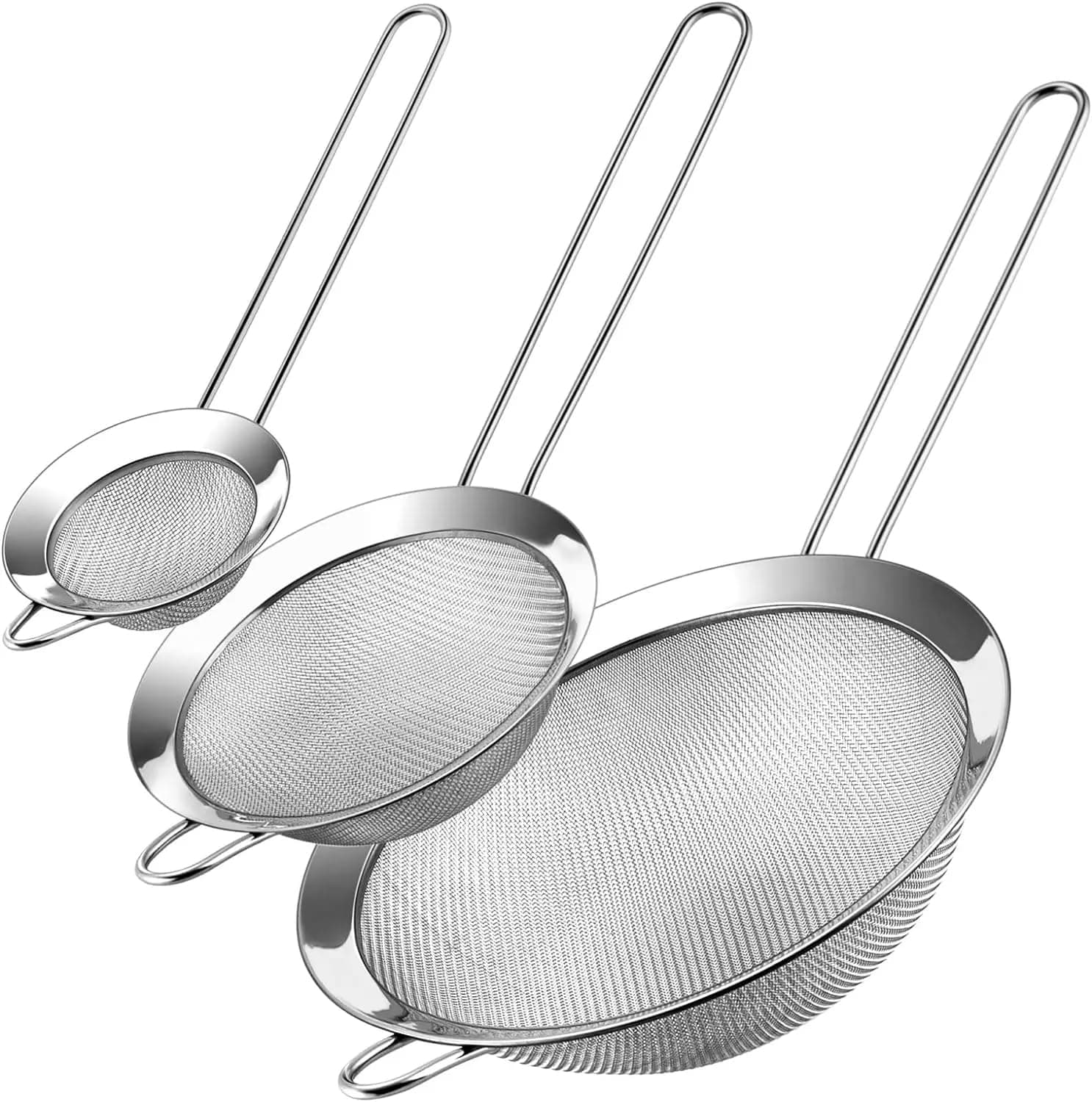 PiiKay Stainless Steel Kitchen Fine Mesh Strainers 3 Pcs Super Wire Extra Fine Mesh Strainer with Handle, Small Medium Large Size Metal Strainer Set,Straine for Rice Juice Quinoa Food Flour Baking