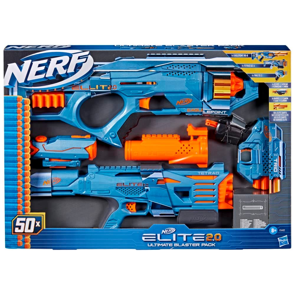 Nerf Elite 2.0 Ultimate Blaster Pack, 3 Nerf Dart Blasters, 50 Nerf Elite Darts, Fun and Easy To Load and Fire, Detachable Scope and Barrel
