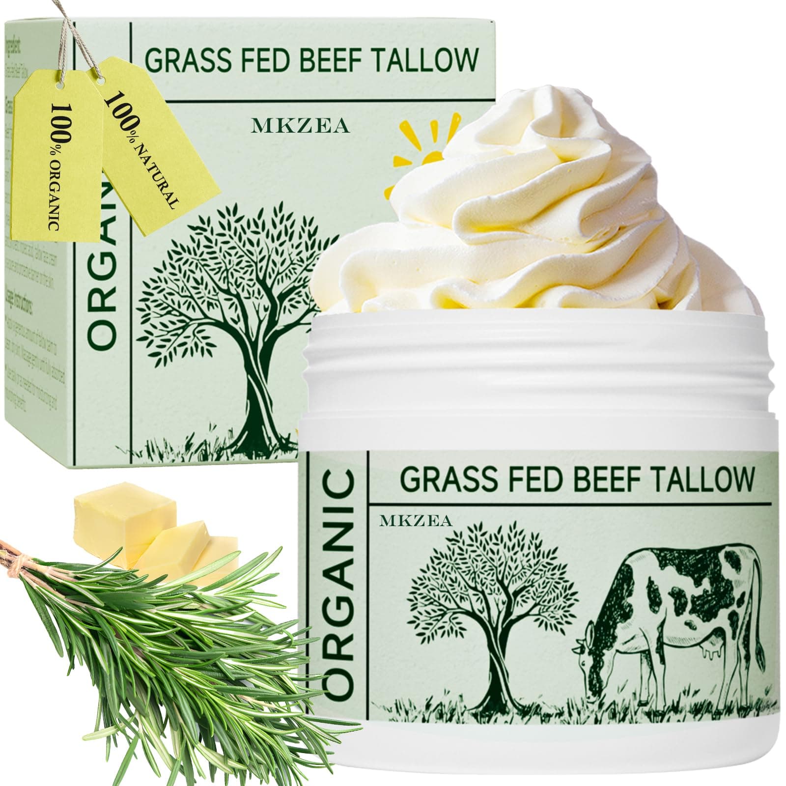 Beef Tallow, Tallow Face Moisturizer, Beef Tallow for Skin, Unscented 100% Organic Beef Tallow Blam Grass Fed Finished Whipped Tallow Face Cream Moisturizer Body Lotion Skin Care for Sensitive Skin