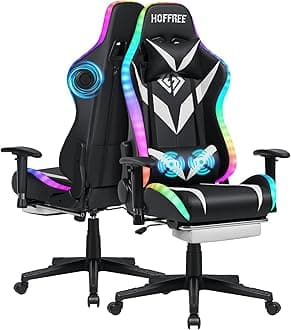 HOFFREE Gaming Chair with Bluetooth Speakers and Led Lights Massage Video Game Chair with Footrest Reclining High Back Computer Gamer Chair White and Black