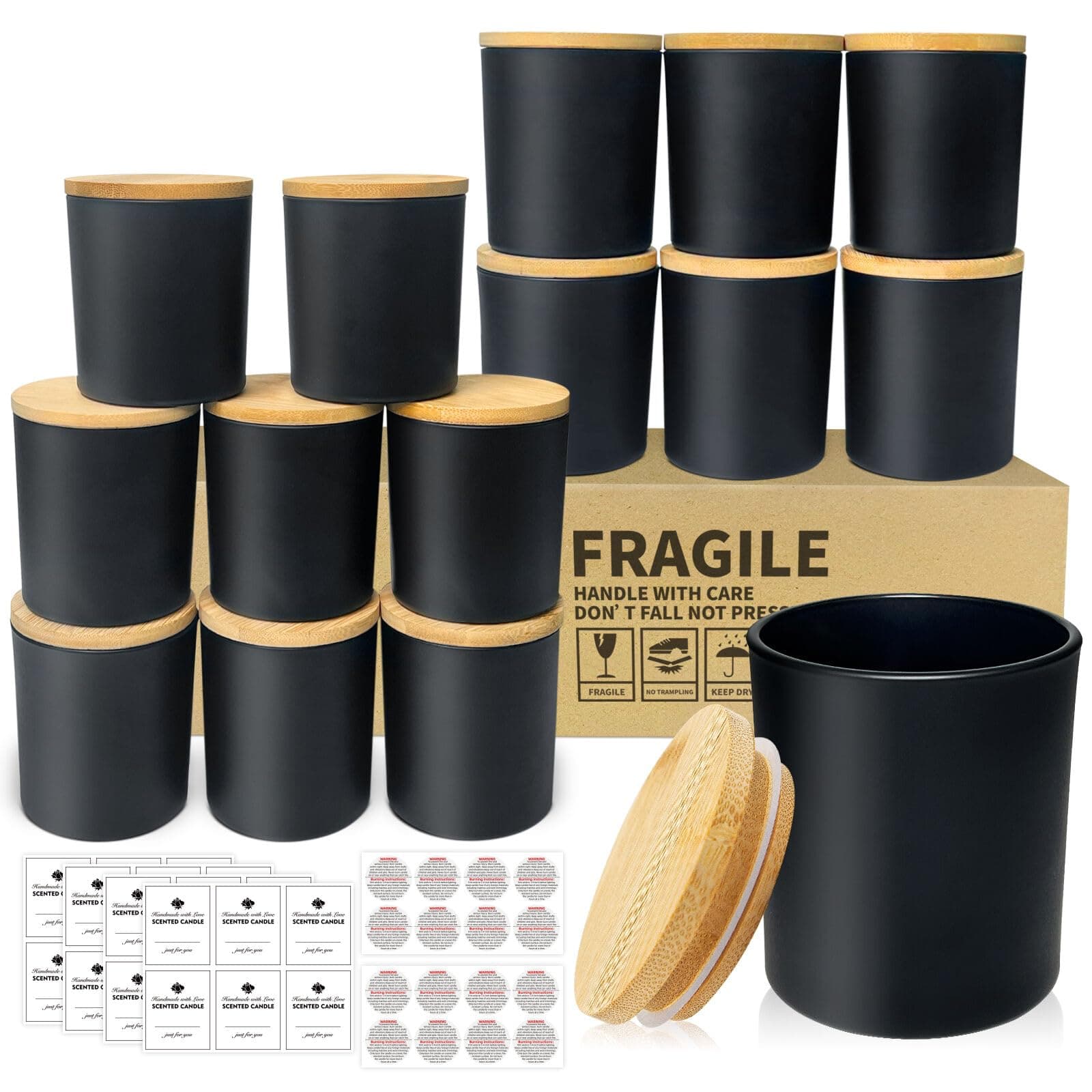 15 Pack Candle Glass Jars- 7oz Matt Black Empty Candle Jars with Bamboo Lids and Sticky Labels, Bulk Candle Jars for Making Candles Containers - Dishwasher Safe