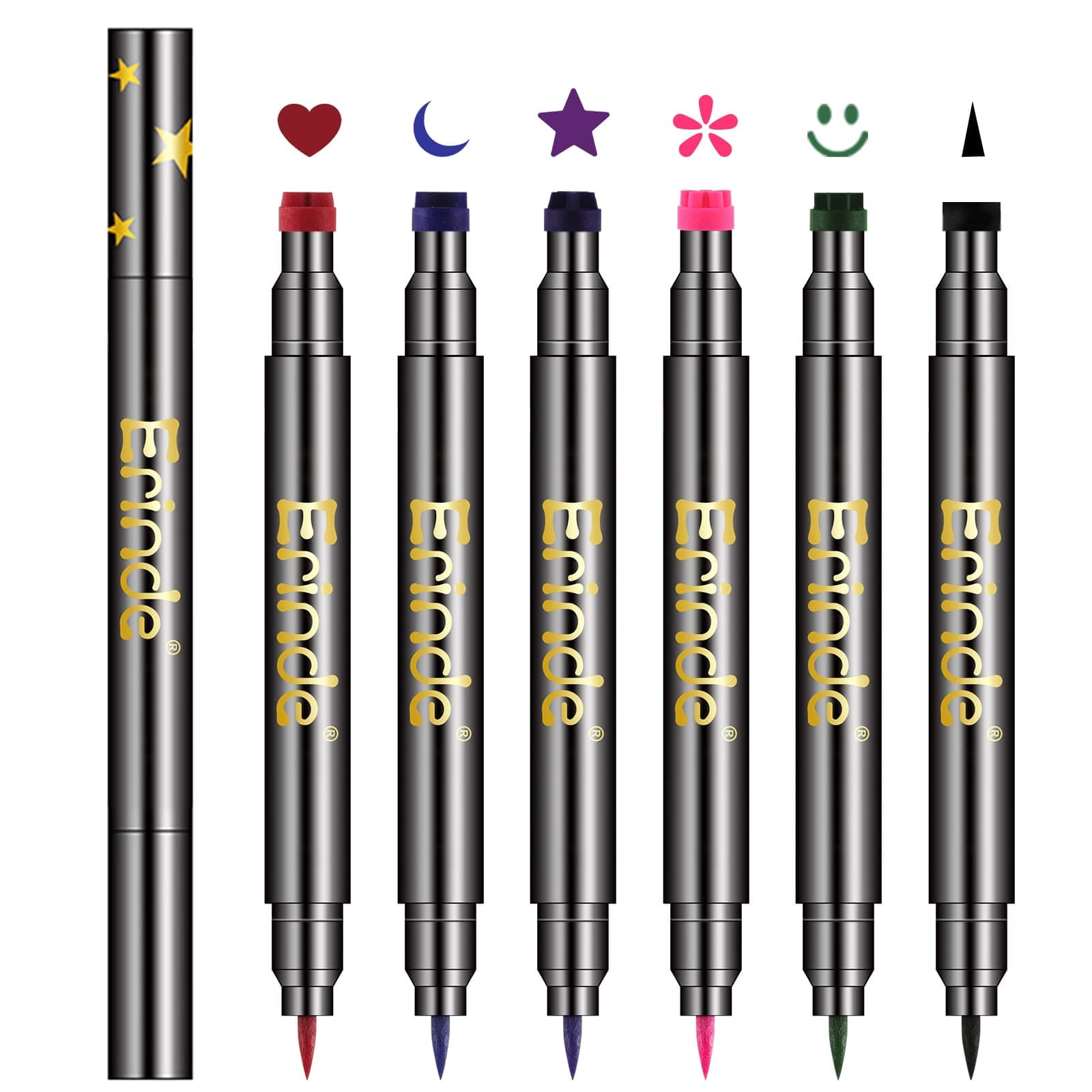 6Pcs Erinde Double-headed Liquid Eyeliner Stamp Pen Set, Eye Liners for Women, Eyeliner Pencil Black Eye Liner Stencil, Eyeliner Tattoo Tool, Eyeliner Stamp Shapes Star, Heart,Flower