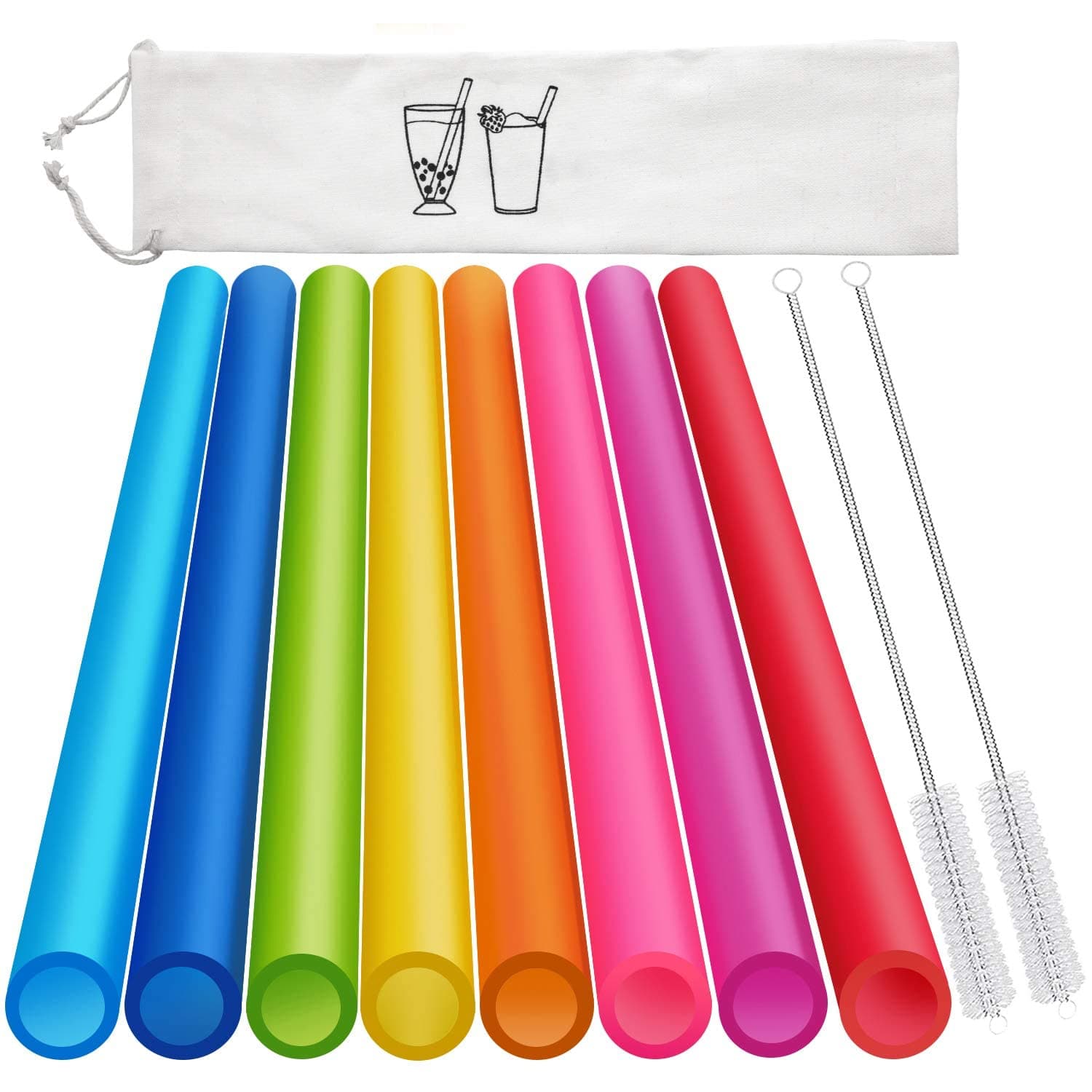 8 Pcs Extra Wide Reusable Smoothie & Boba Straws with 1 Bag & 2 Brushes - Mul...