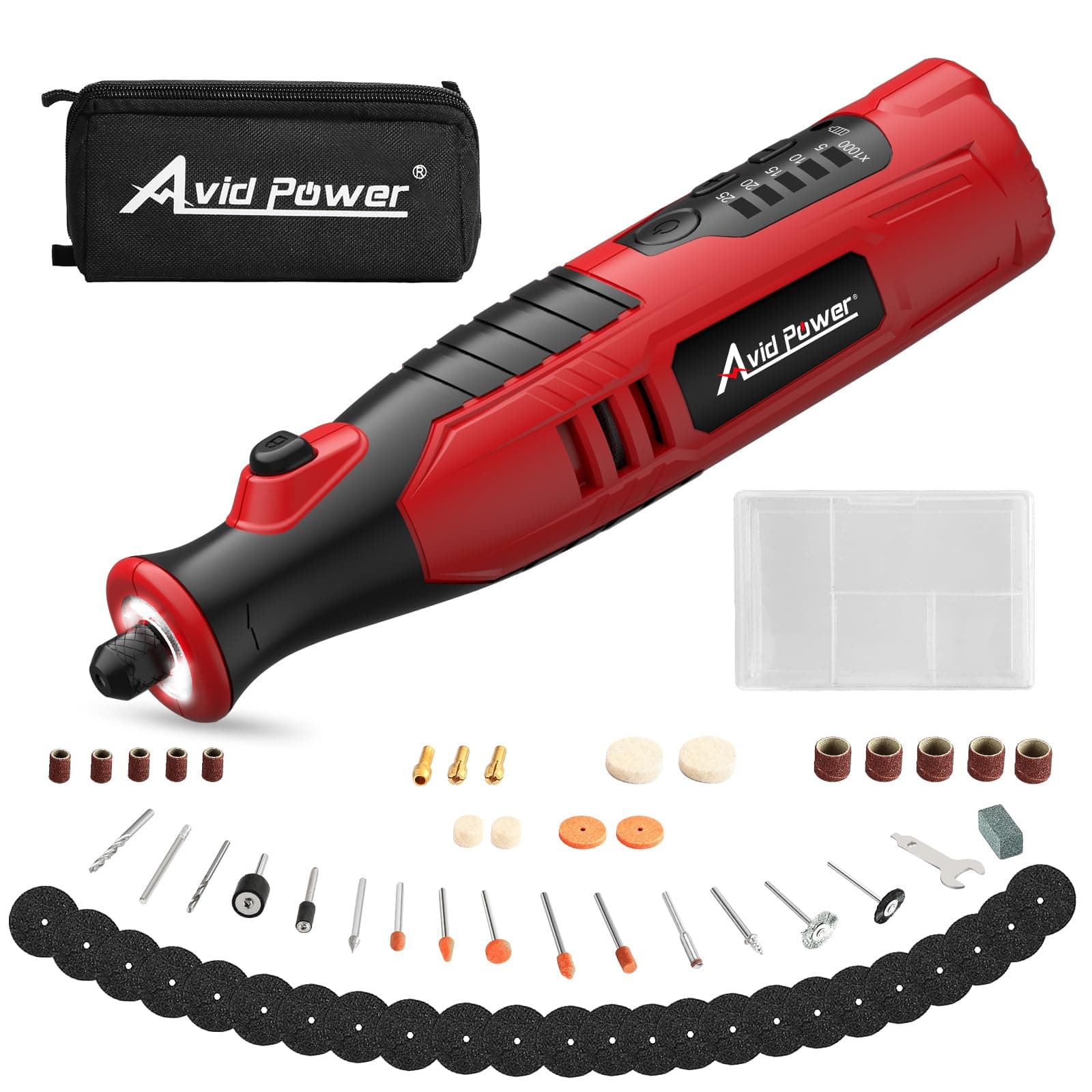 AVID POWER Cordless Rotary Tool 2.0 Ah 8V Rechargeable Rotary Tool with 4 Front LED Lights, 5 Speeds and 60 Pieces Rotary Tool Accessories for Carving, Engraving, Sanding, Polishing and Cutting - Red