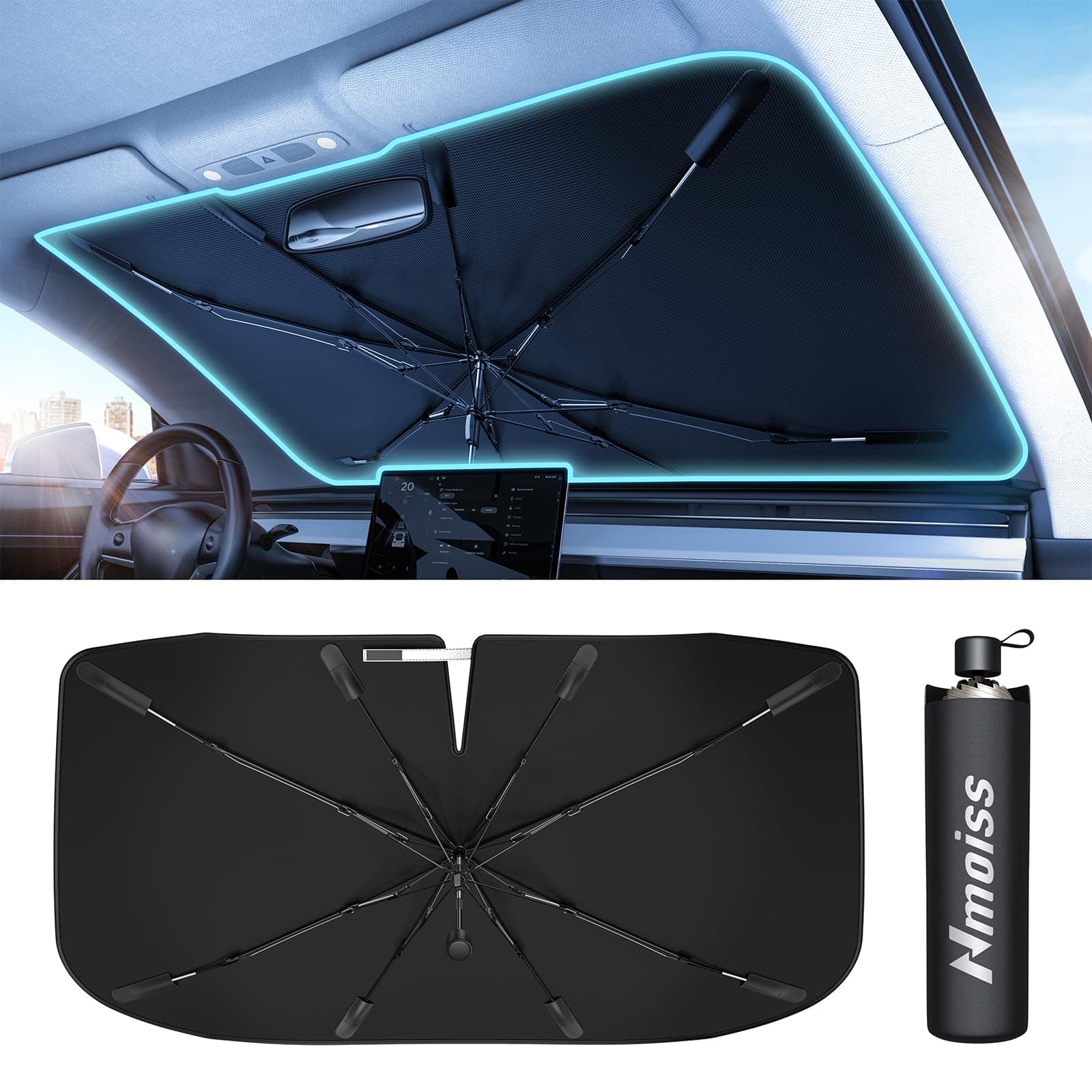 Minimalist Car Windshield Sunshade - Black, Universal Fit, Spring Structure, Military-Grade Durability, Protects Interior from Sun Rays & Heat Damage