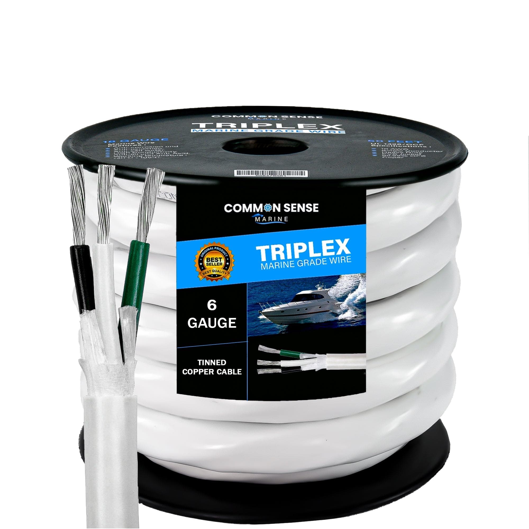 6/3 AWG UL 1426 (The Real Thing) Triplex Round Marine Wire - Tinned Copper Boat Cable - 50 Feet - White PVC Jacket
