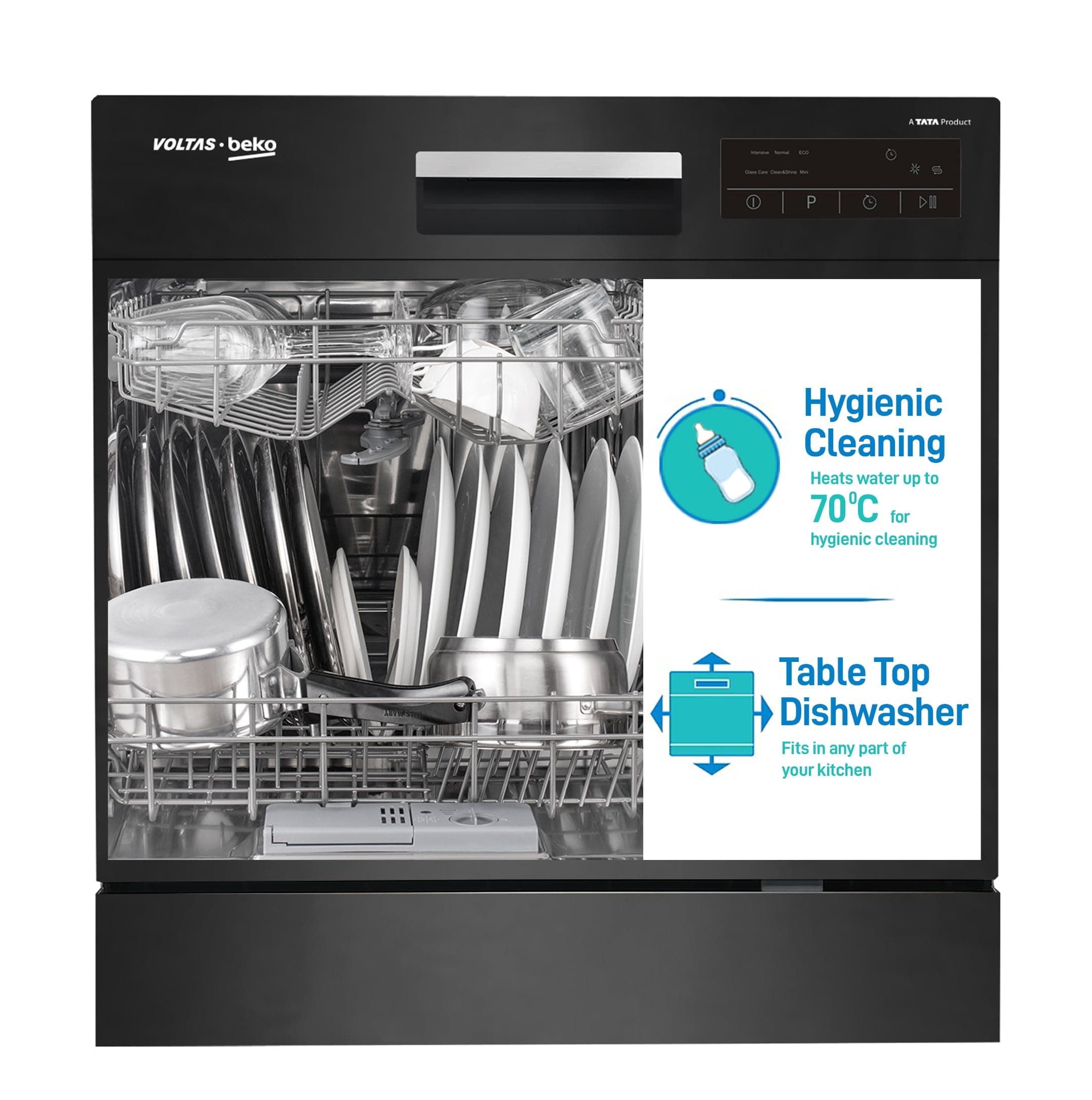 Voltas Beko, A Tata Product, 8‑Place Settings Table top Dishwasher, Suitable for All Types of Utensils (DT8B, Black) with Hygiene Wash