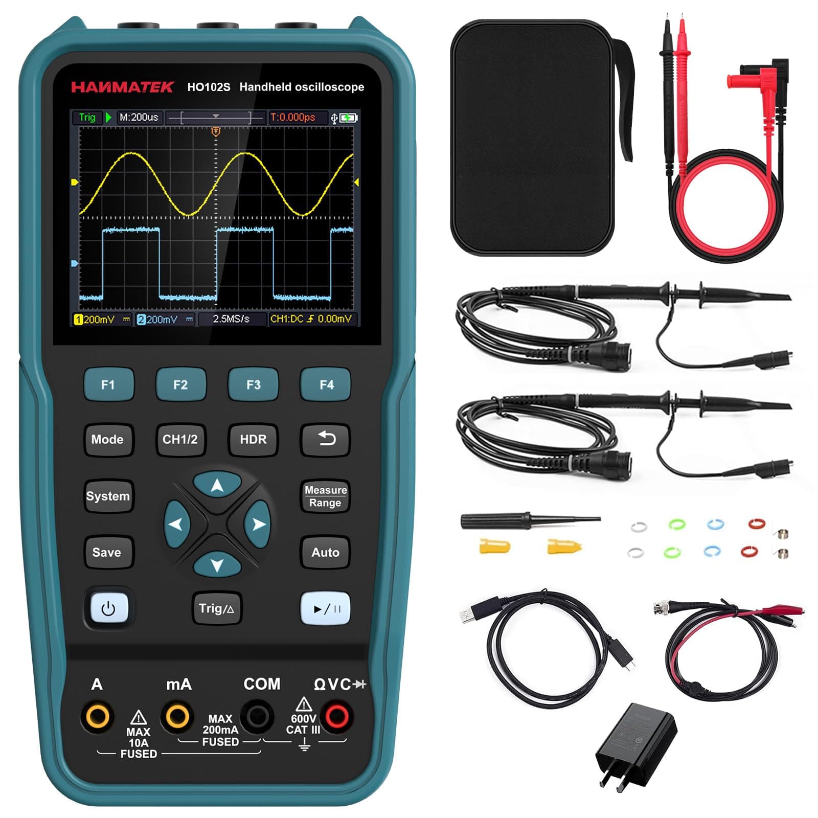 HANMATEK 3 In 1 Portable Oscilloscope Multimeter 100Mhz Waveform Generator Oscilloscope with 2 Channel Tft 3.5" Ho102S Professional Oscilloscope Multimeter with Memory Function