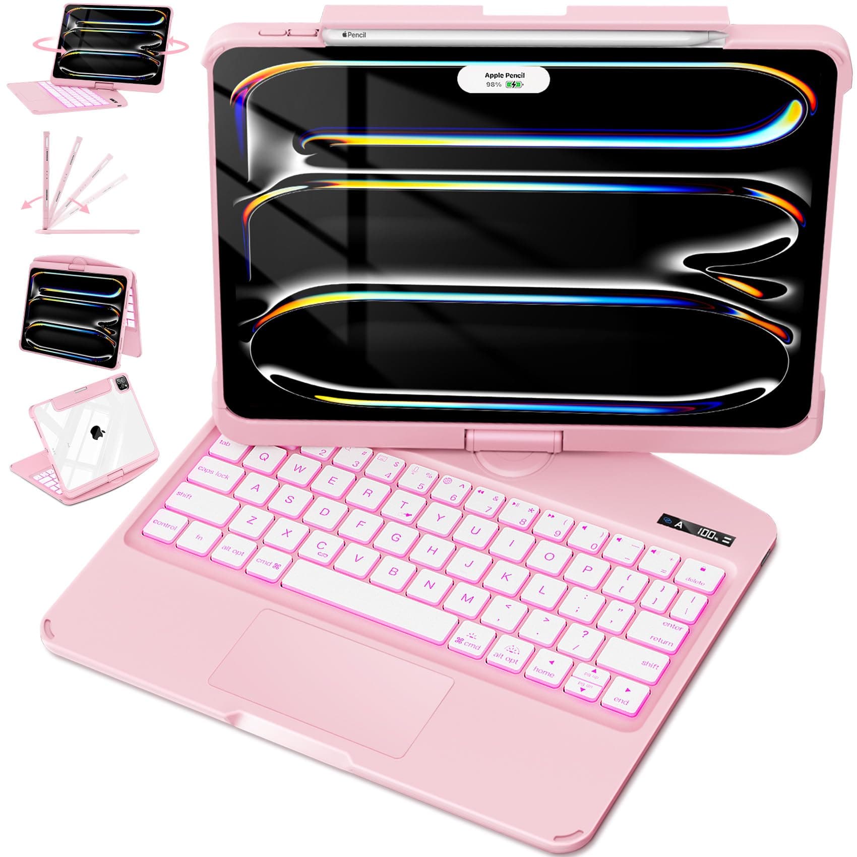 Lecsas iPad Pro 13-inch (M4, 2024) Keyboard Case – 360° Rotatable Multi-Touch Trackpad, 7-Color Backlit Keyboard, Transparent Back, Pencil Holder, Type-C Charging – Blush Pink (Solid)