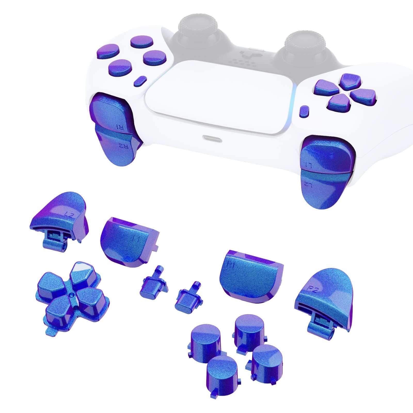 eXtremeRate Replacement D-pad R1 L1 R2 L2 Triggers Share Options Face Buttons for ps5 Controller BDM-010 BDM-020, Full Set Buttons Repair Kits with Tools - Without Controller - Chameleon Purple Blue