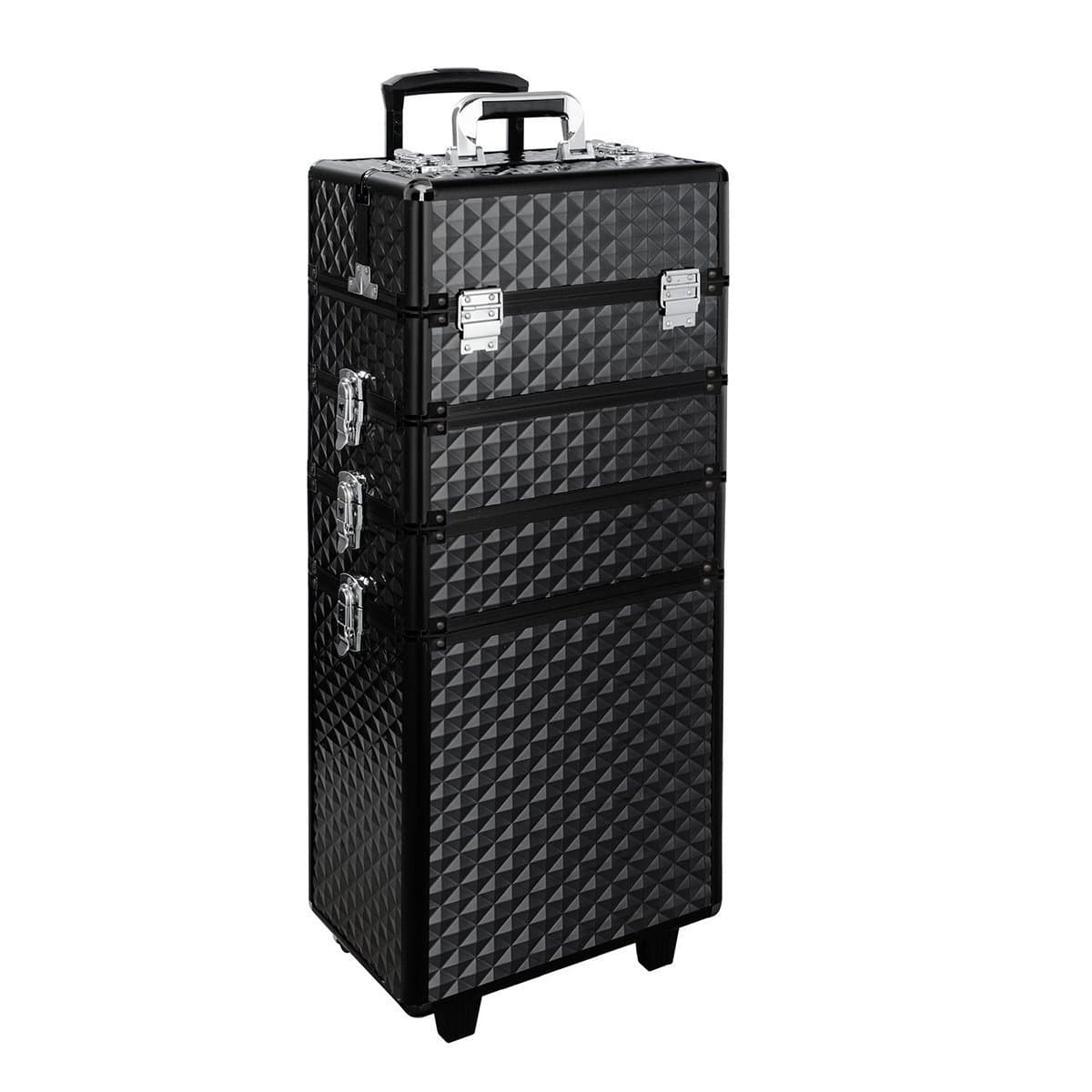 Extra Large Beauty Trolley on Wheels Makeup Train Case 4 in 1 Beauty Vanity Case Professional Hairdressing Storage Case for Artists Beautician, Diamond Black