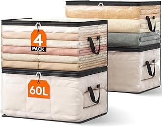 Lifewit 4 Pack Clear Clothes Storage Bags, 60L Plastic Blanket Vinyl Foldable Moving Bags with Zipper, Closet Organizers and Storage Containers for Bedding, Duvet, Pillow