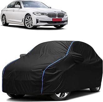 FAVY All Weather Resistant Car Body Cover Compatible with BMW 5 Series Scratch Proof, Anti-Dust, UV Protection with Windproof Buckle Strap and Mirror Pockets, Bottom Elastic Fitted-Black