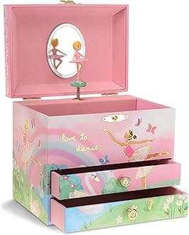 Jewelkeeper Jewelry Box for Girls - Spinning Ballerina Doll to Swan Lake Tune Music Box - Pink Jewelry Boxes for Girls with 2 Drawers - Ideal for Storing Necklaces and Bracelets - 7Lx5Hx6W Inches