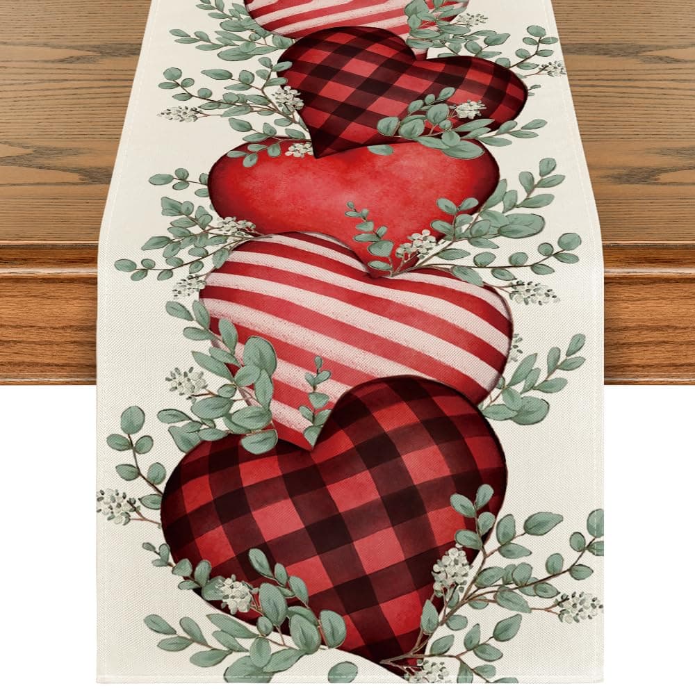 Artoid Mode Eucalyptus Hearts Valentine's Day Table Runner, Anniversary Holiday Kitchen Dining Table Decoration for Home Party Decor 13x120 Inch
