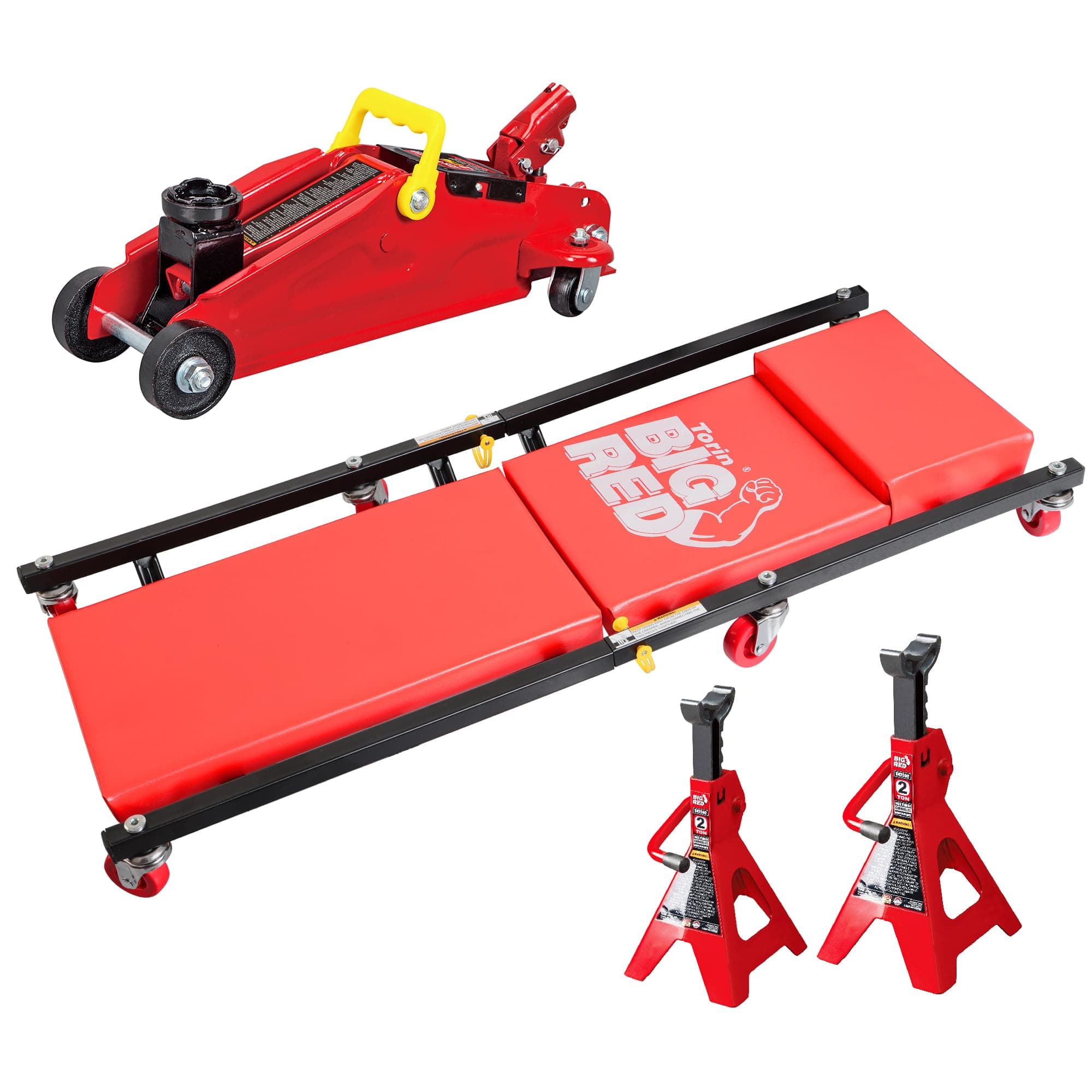 BIG RED T82040 Torin Hydraulic Trolley Floor Service/Floor Combo with 2 Jack Stands and Rolling Garage/Shop Creeper, 2 Ton (4,000 lb) Capacity, Red