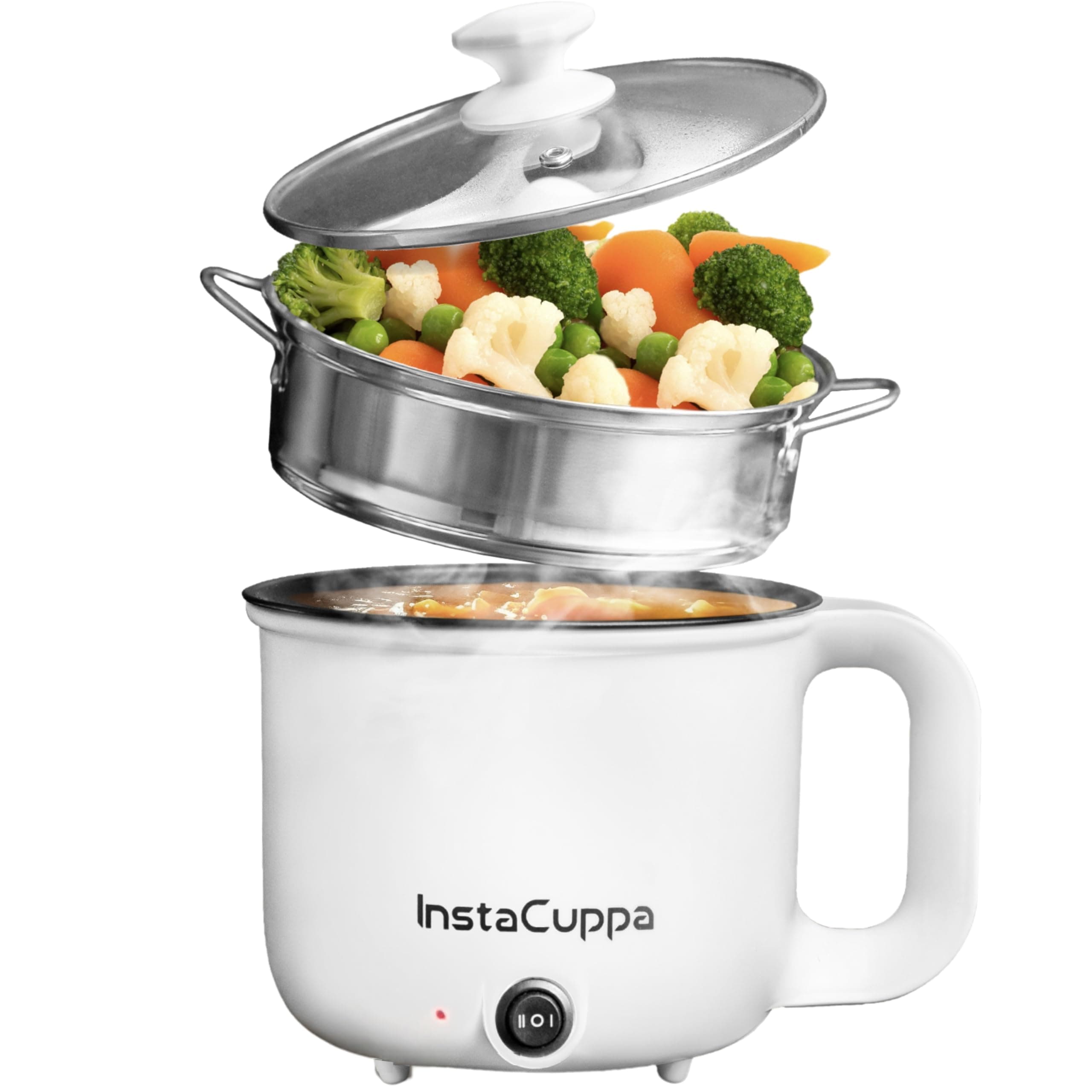 InstaCuppa - 3 in 1 multi cooker kettle with steam, 1.2L inner pot, adjustable temperature settings, wide mouth, great for boiling milk, tea, coffee, eggs and steamed vegetables, 600