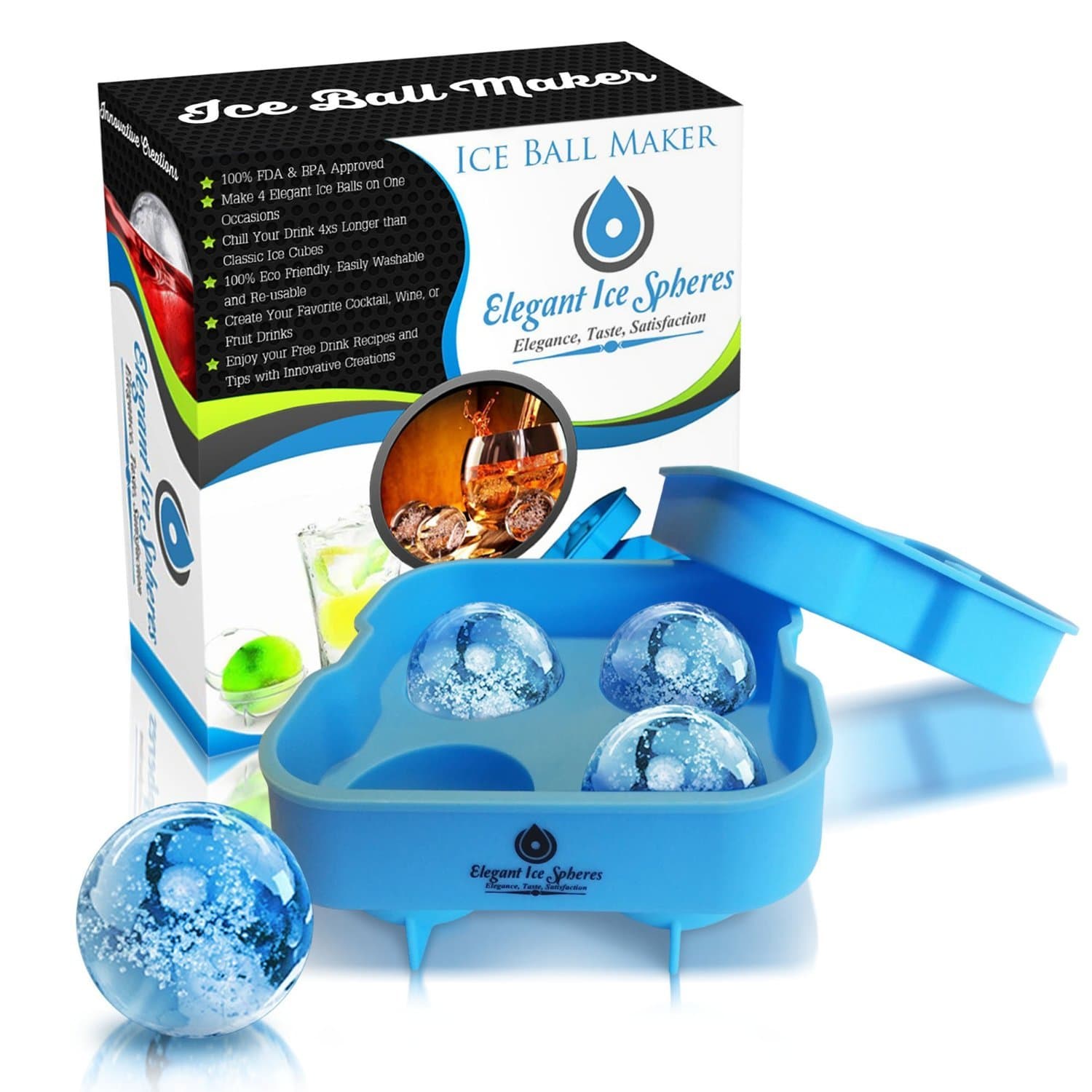 Elegant Ice Sphere Ice Ball Maker- Superb Quality Round Silicone Ice Ball Maker with 4 x 2” Ice Ball Capacity Tray. Add a Sense of Elegance to Your Drink with Elegant Ice Spheres! Finally Taste the True flavors of Your Chill Drinks. Persevere Your Chill Drinks For Long Lasting Enjoyment & Eco-Friendly Use. Enjoy the FREE COCKTAIL RECIPES That Come with Your Purchase!