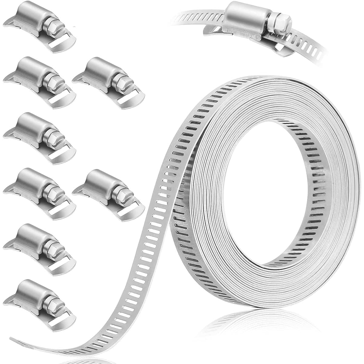 - Serplex® 13.3ft Hose Clamp Roll DIY Hose Clamp Roll 304 Stainless Steel with 8 Fastening Bolts Attachment Cuttable Band for Plumbing,Pipe Repairing,DIY