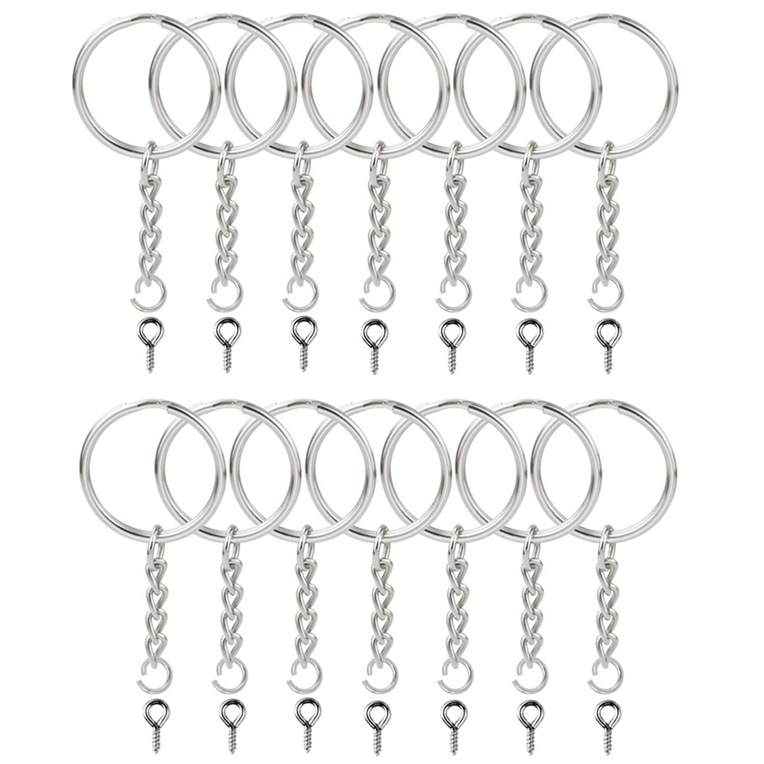 KINGFOREST 100PCS Split Key Ring with Chain 1 inch and Jump Rings with Screw Eye Pins,Split Key Ring with Chain Silver Color Metal Split Key Chain Ring Parts with Open Jump Ring and Connector.