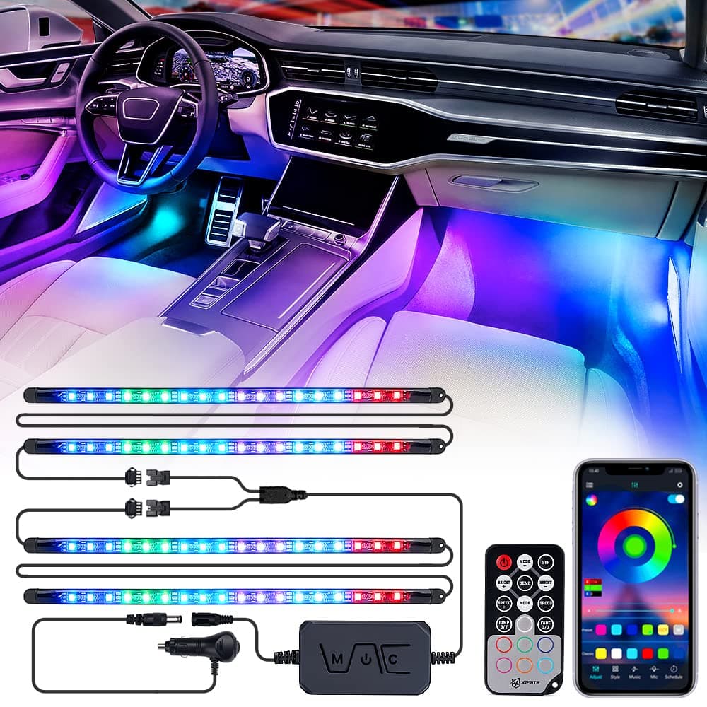 Dreamcolor LED Neon Car Interior Bluetooth Lights Strip with Remote & APP Control, Footwell Under Dash RGB Chasing Inside Light Kits, Cigarette Adapter for Vehicle Internal Trucks SUV UTV ATV